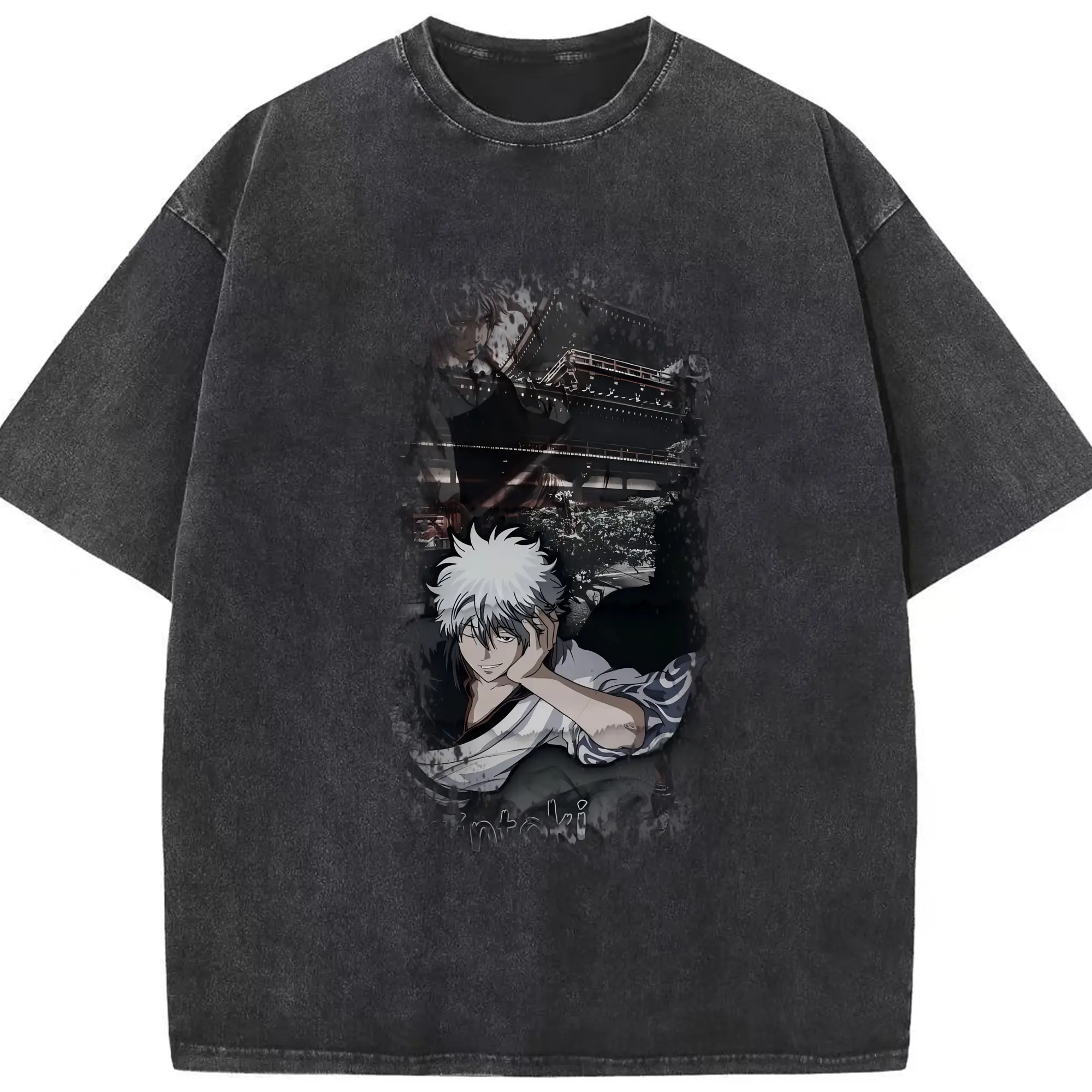 銀魂 グッズ 坂田 銀時 - 綿100％ ヴィンテージ風 半袖Tシャツ ・ フロントプリント ・ 柔らか肌触り ・ 通気性 快適 ・ スポーツ カジュアル 外出用