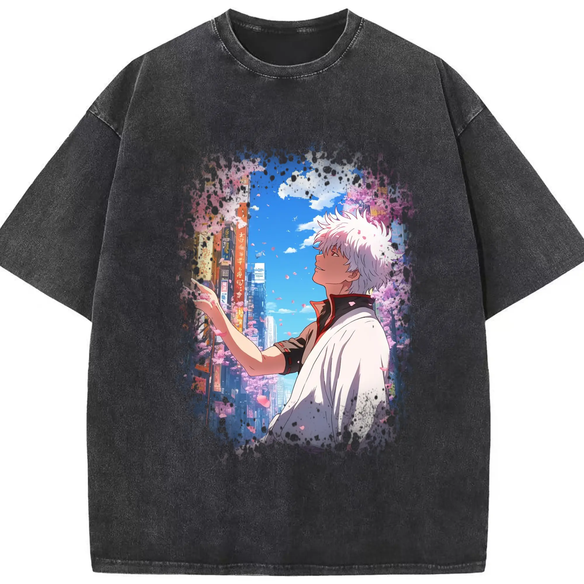 銀魂 グッズ 坂田 銀時 - 綿100％ ヴィンテージ風 半袖Tシャツ ・ フロントプリント ・ 柔らか肌触り ・ 通気性 快適 ・ スポーツ カジュアル 外出用