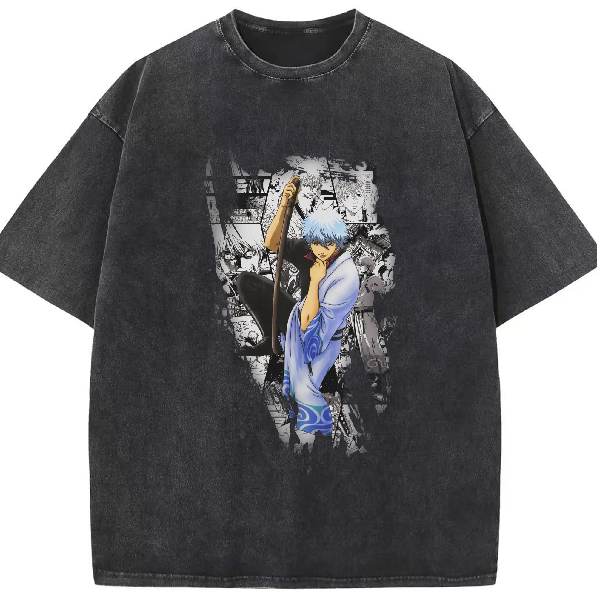 銀魂 グッズ 坂田 銀時 - 綿100％ ヴィンテージ風 半袖Tシャツ ・ フロントプリント ・ 柔らか肌触り ・ 通気性 快適 ・ スポーツ カジュアル 外出用