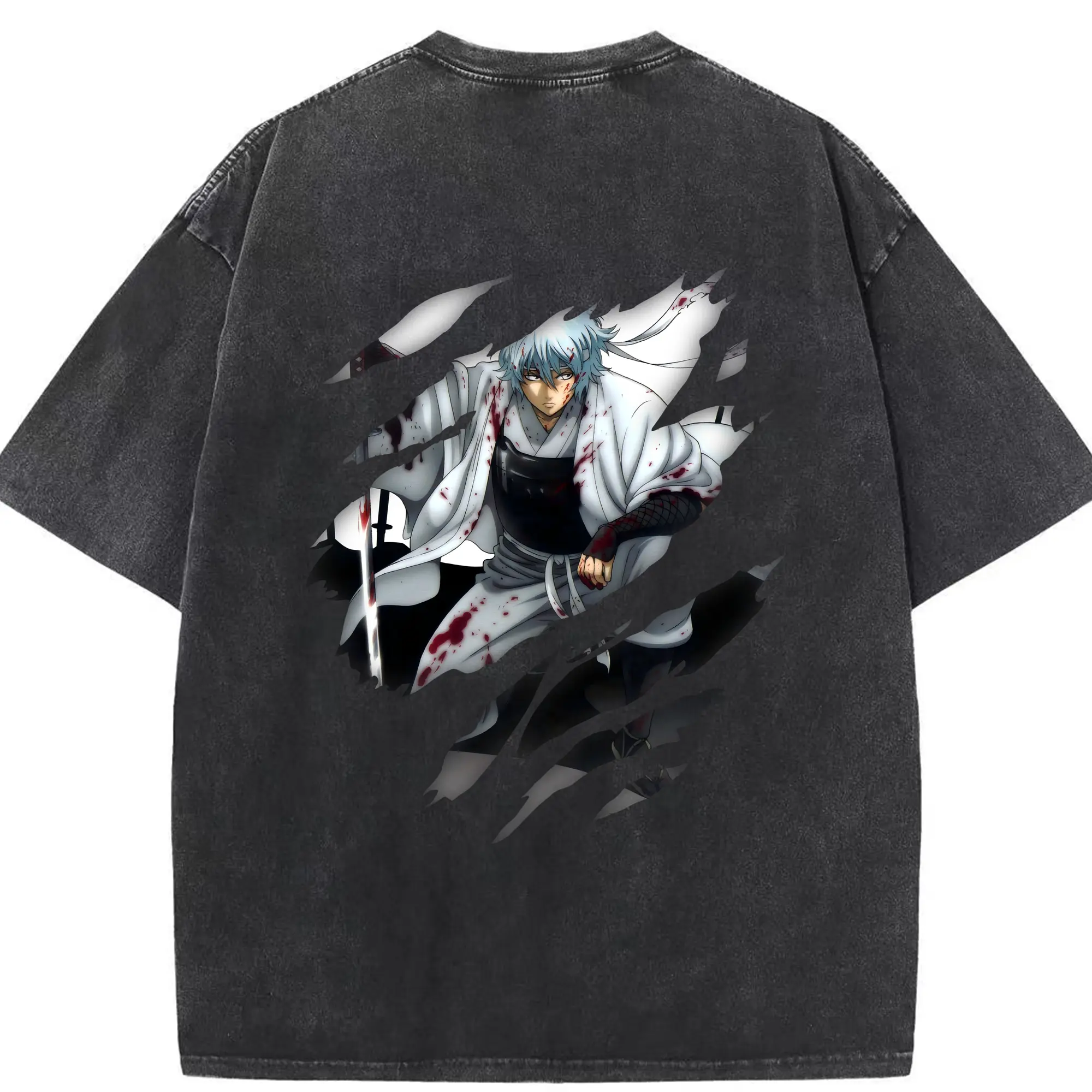 銀魂 グッズ 坂田 銀時 - 綿100％ ヴィンテージ風 半袖Tシャツ ・ 背面プリント ・ 柔らか肌触り ・ 通気性 快適 ・ スポーツ カジュアル 外出用