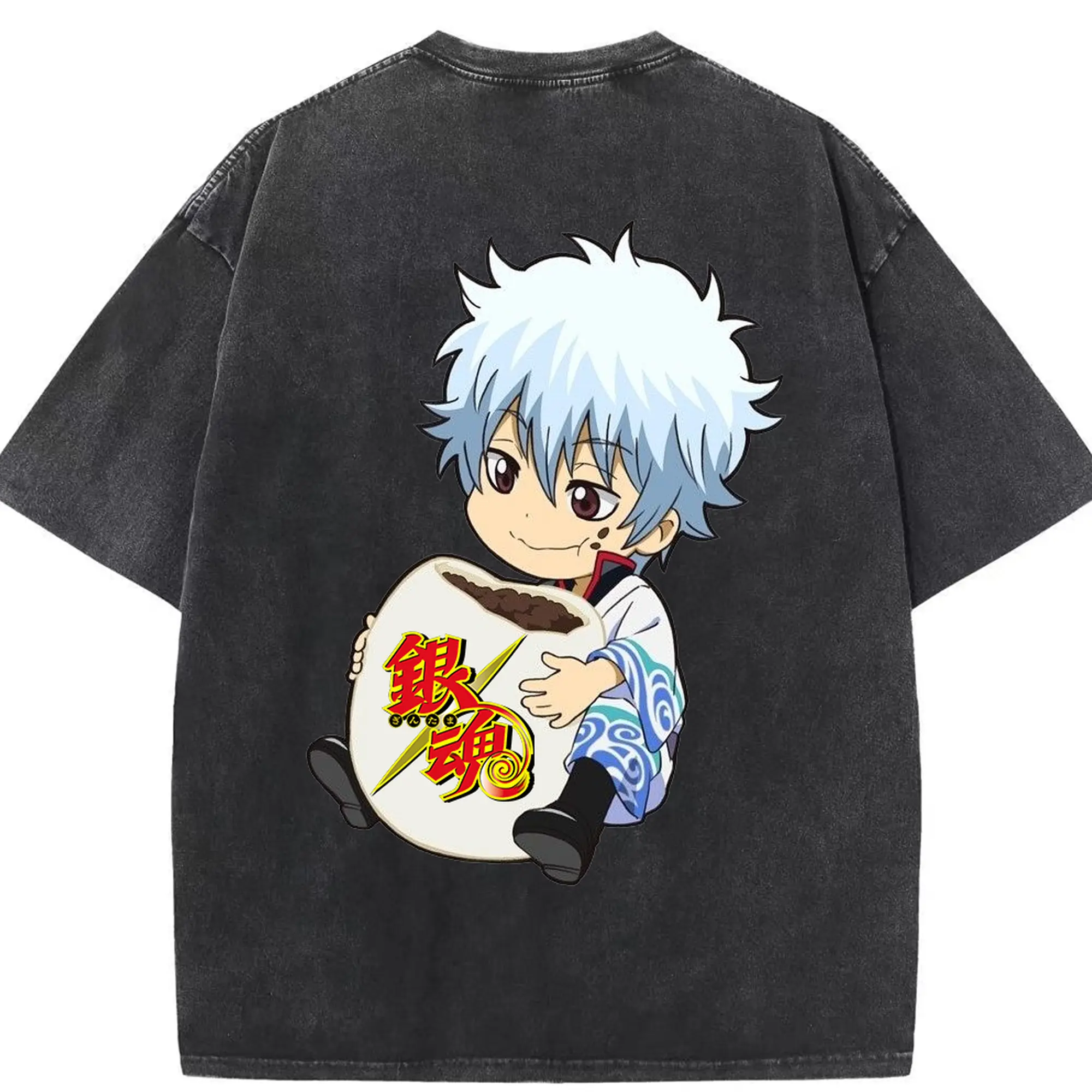 銀魂 グッズ 坂田 銀時 - 綿100％ ヴィンテージ風 半袖Tシャツ ・ 背面プリント ・ 柔らか肌触り ・ 通気性 快適 ・ スポーツ カジュアル 外出用