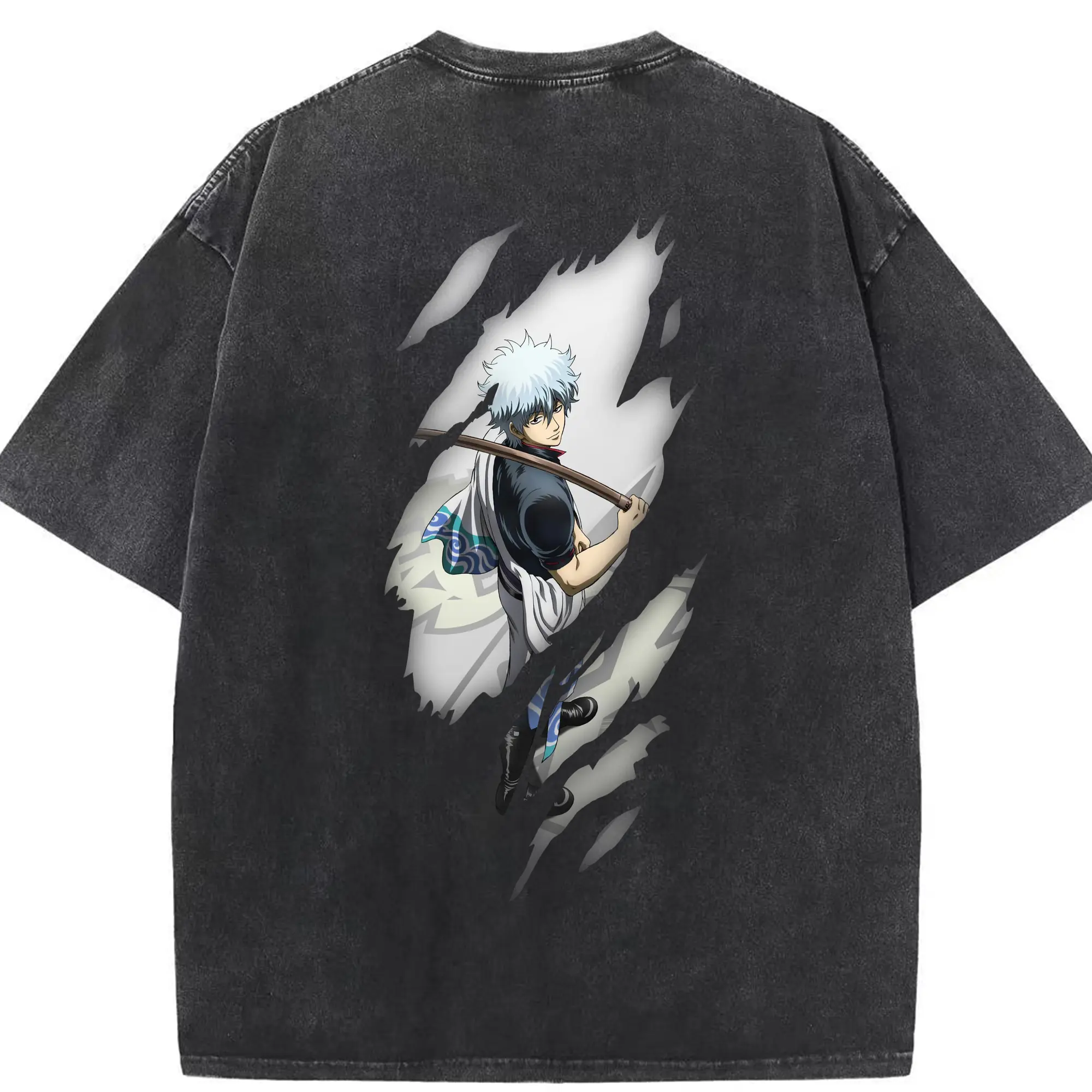 銀魂 グッズ 坂田 銀時 - 綿100％ ヴィンテージ風 半袖Tシャツ ・ 背面プリント ・ 柔らか肌触り ・ 通気性 快適 ・ スポーツ カジュアル 外出用