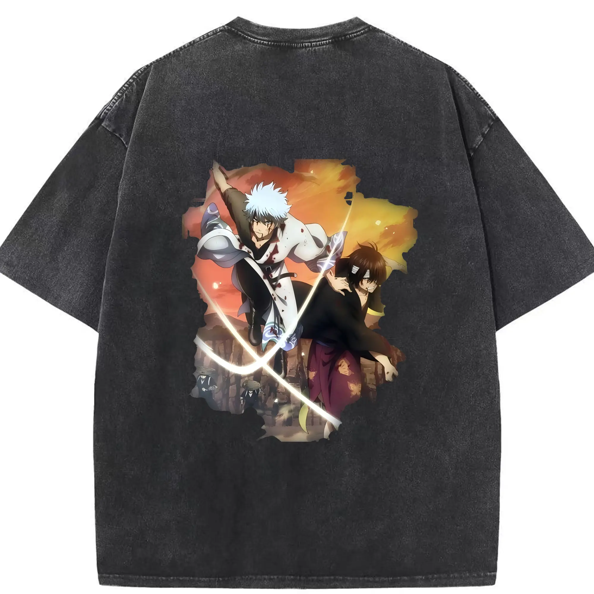 銀魂 グッズ 坂田 銀時 - 綿100％ ヴィンテージ風 半袖Tシャツ ・ 背面プリント ・ 柔らか肌触り ・ 通気性 快適 ・ スポーツ カジュアル 外出用