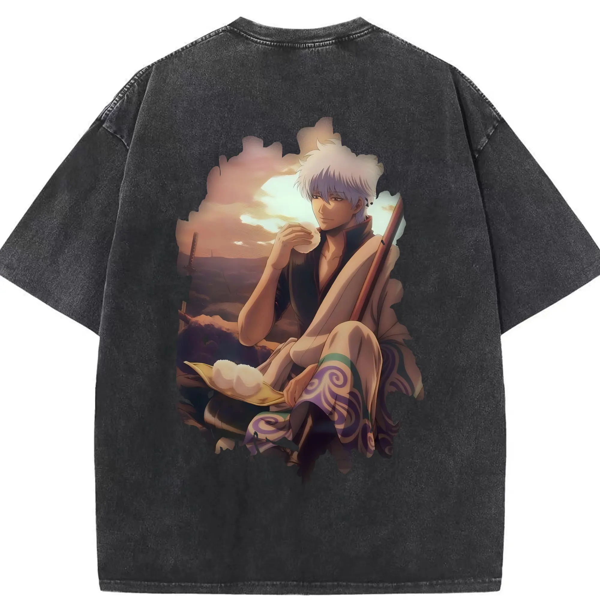 銀魂 グッズ 坂田 銀時 - 綿100％ ヴィンテージ風 半袖Tシャツ ・ 背面プリント ・ 柔らか肌触り ・ 通気性 快適 ・ スポーツ カジュアル 外出用