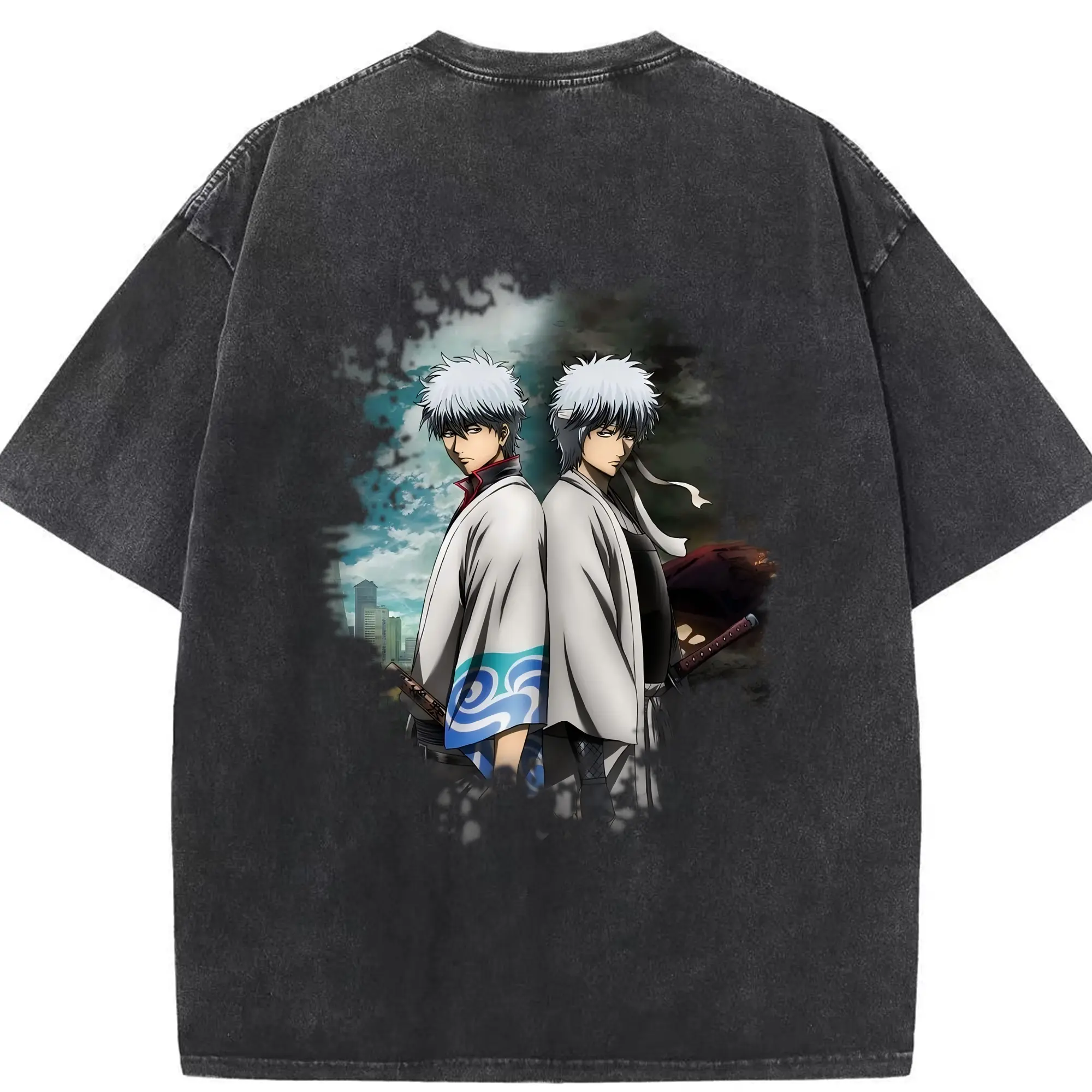 銀魂 グッズ 坂田 銀時 - 綿100％ ヴィンテージ風 半袖Tシャツ ・ 背面プリント ・ 柔らか肌触り ・ 通気性 快適 ・ スポーツ カジュアル 外出用