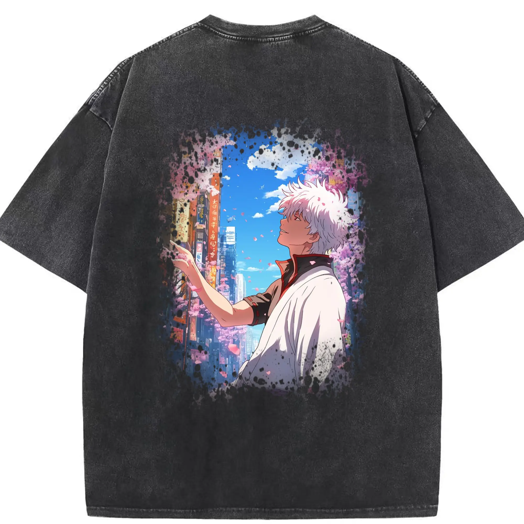 銀魂 グッズ 坂田 銀時 - 綿100％ ヴィンテージ風 半袖Tシャツ ・ 背面プリント ・ 柔らか肌触り ・ 通気性 快適 ・ スポーツ カジュアル 外出用