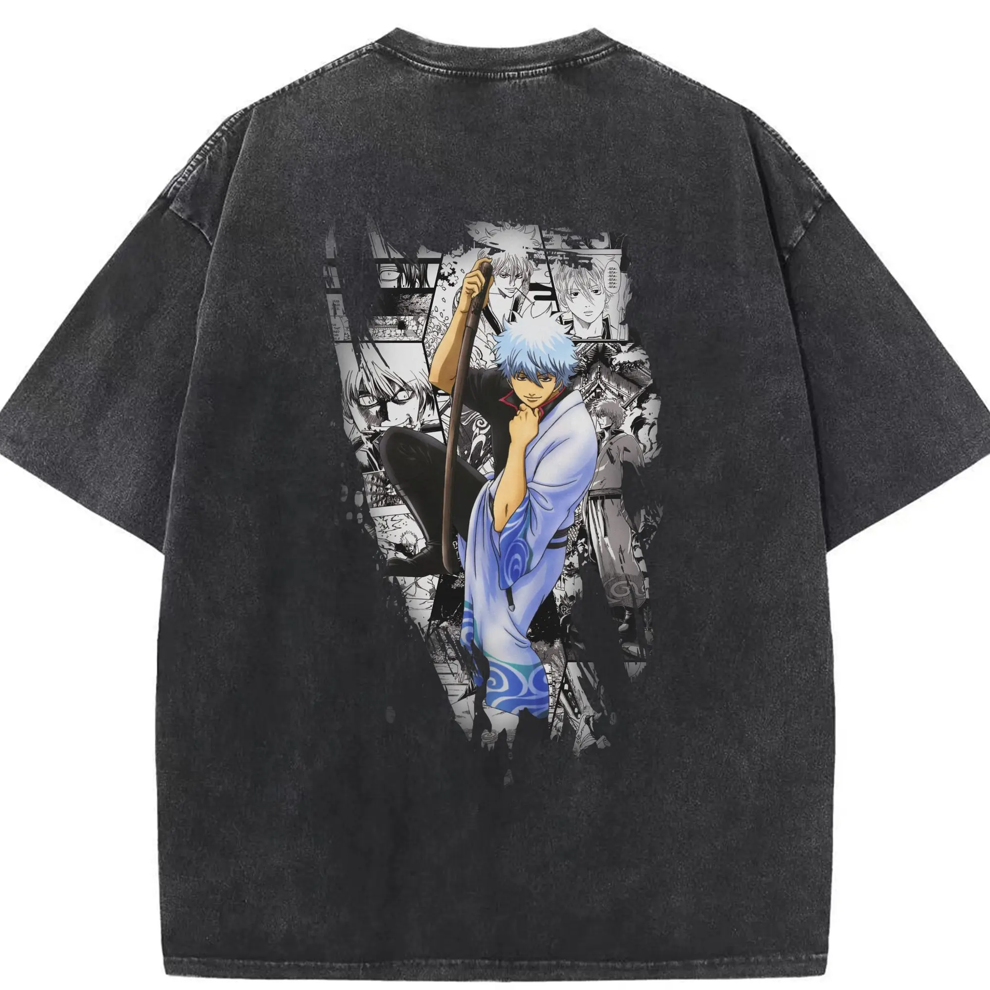 銀魂 グッズ 坂田 銀時 - 綿100％ ヴィンテージ風 半袖Tシャツ ・ 背面プリント ・ 柔らか肌触り ・ 通気性 快適 ・ スポーツ カジュアル 外出用