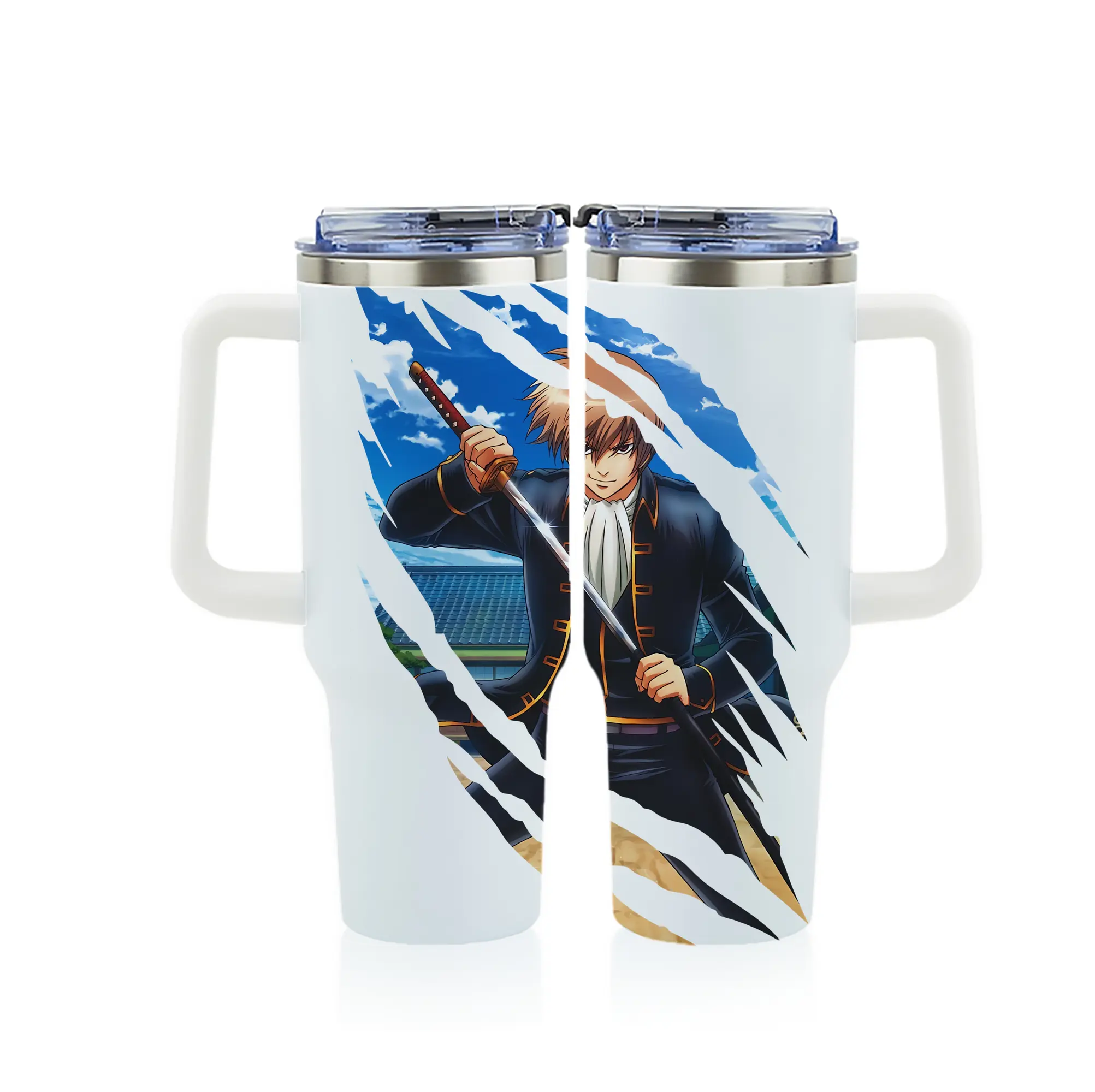 銀魂 グッズ 沖田 総悟 - 1200mL フルプリント車用タンブラー ・ 304ステンレス 内側 ・ 201ステンレス 外側 ・ 保温 保冷 ・ 通勤 ドライブ アウトドア用