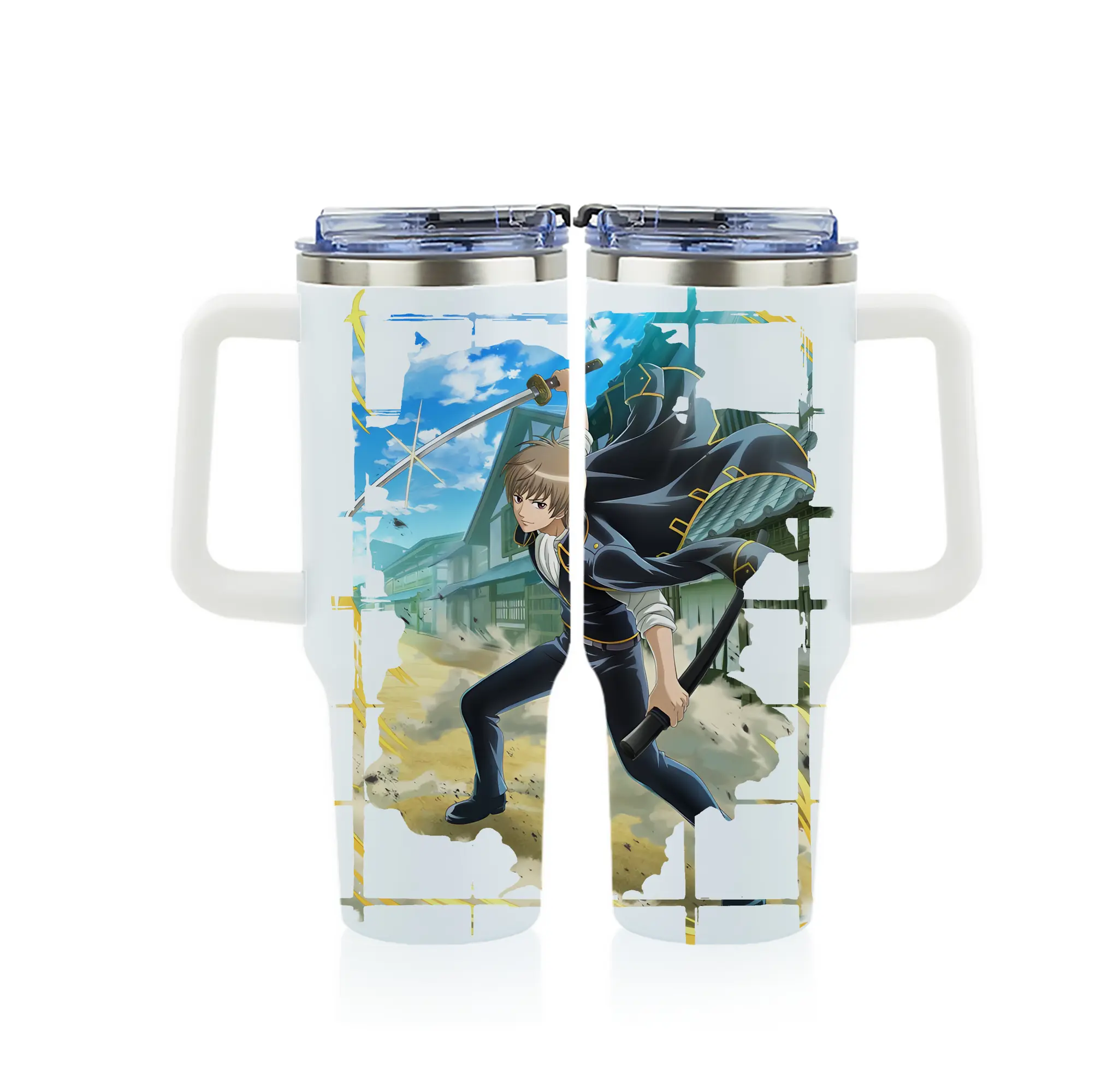 銀魂 グッズ 沖田 総悟 - 1200mL フルプリント車用タンブラー ・ 304ステンレス 内側 ・ 201ステンレス 外側 ・ 保温 保冷 ・ 通勤 ドライブ アウトドア用