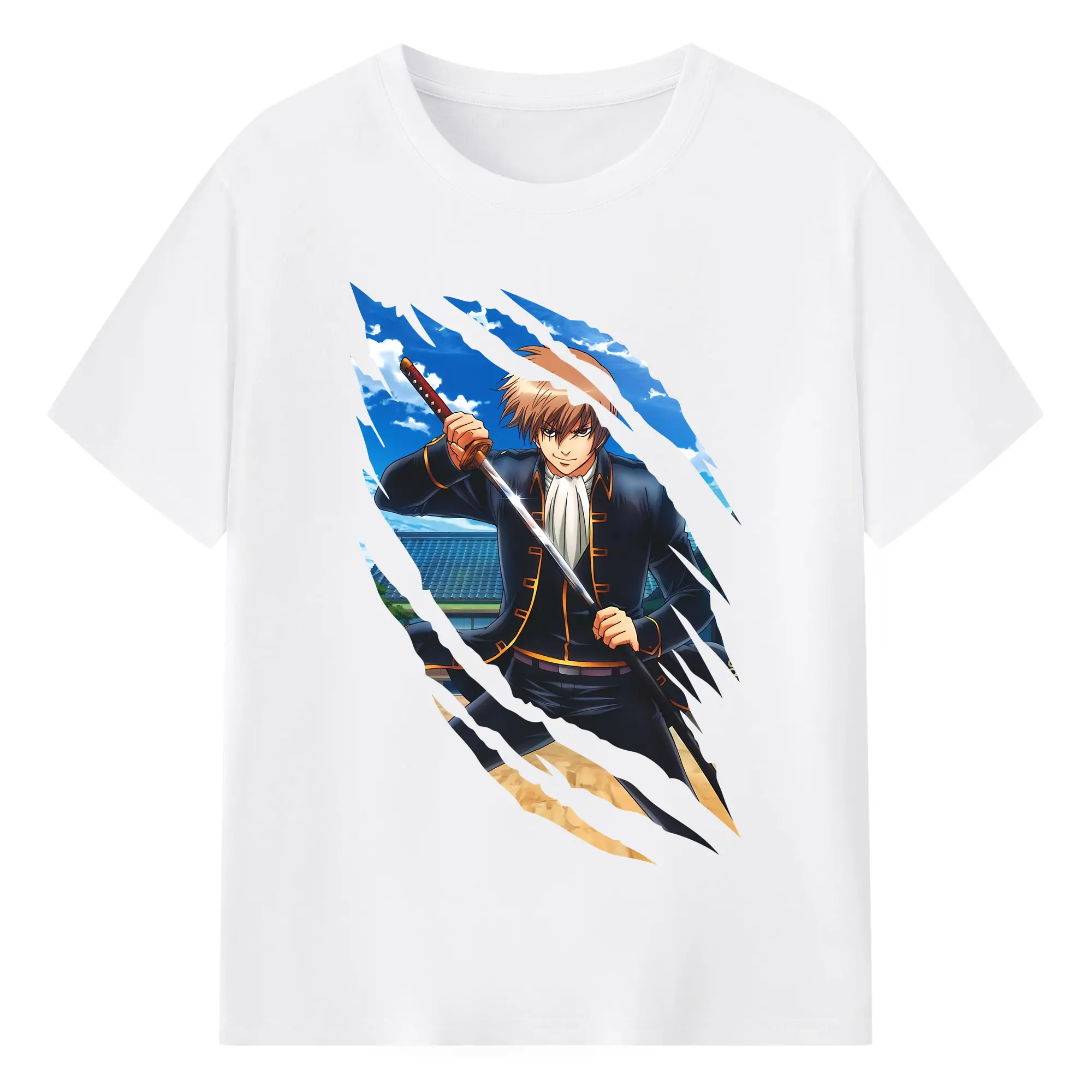 銀魂 グッズ 沖田 総悟 - 綿100％ 半袖Tシャツ ・ フロントプリント ・ 快適 通気性 ・ 日常使い 散歩 スポーツ用