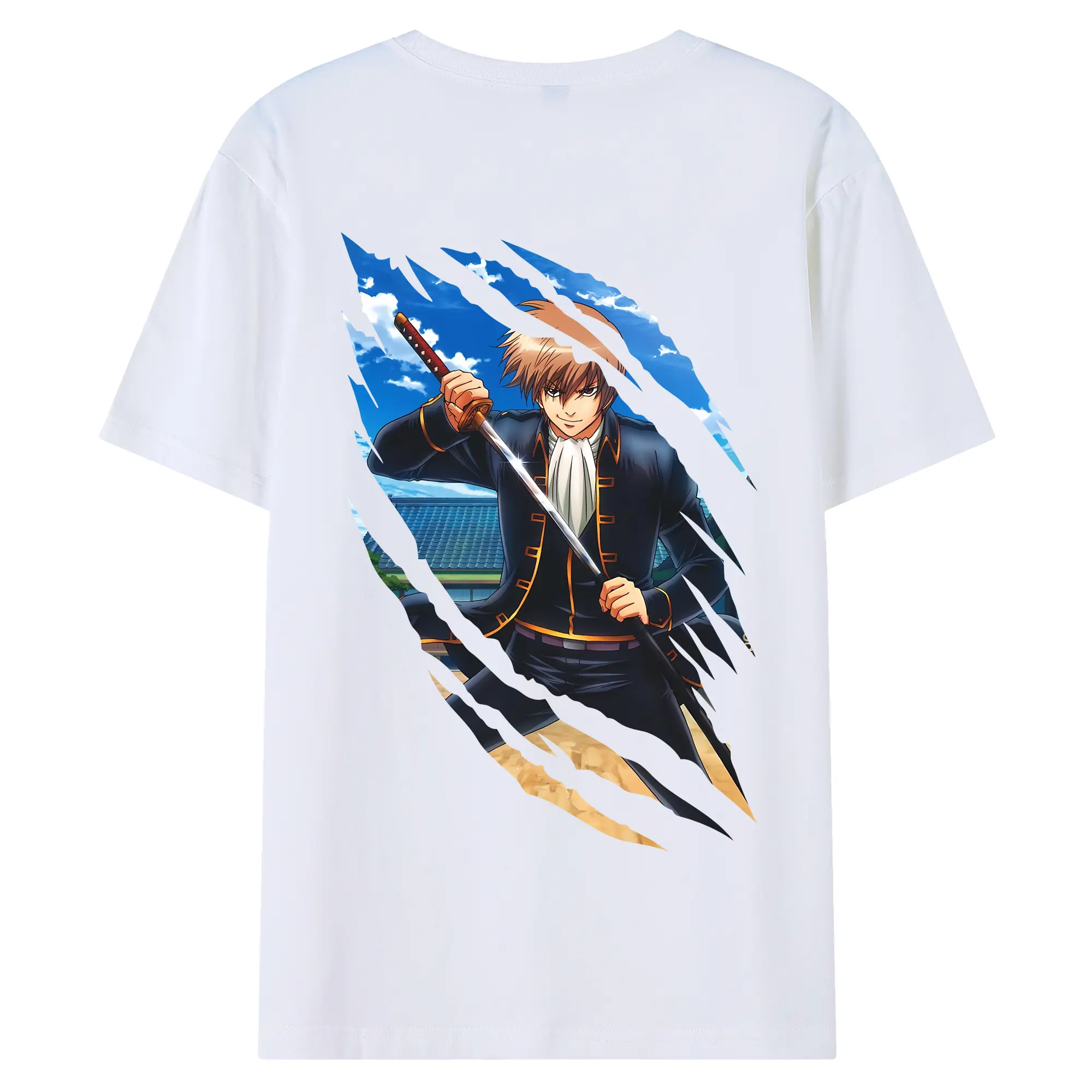 銀魂 グッズ 沖田 総悟 - 綿100％ 半袖Tシャツ ・ バックプリント ・ 快適 通気性 ・ 日常使い 散歩 スポーツ用