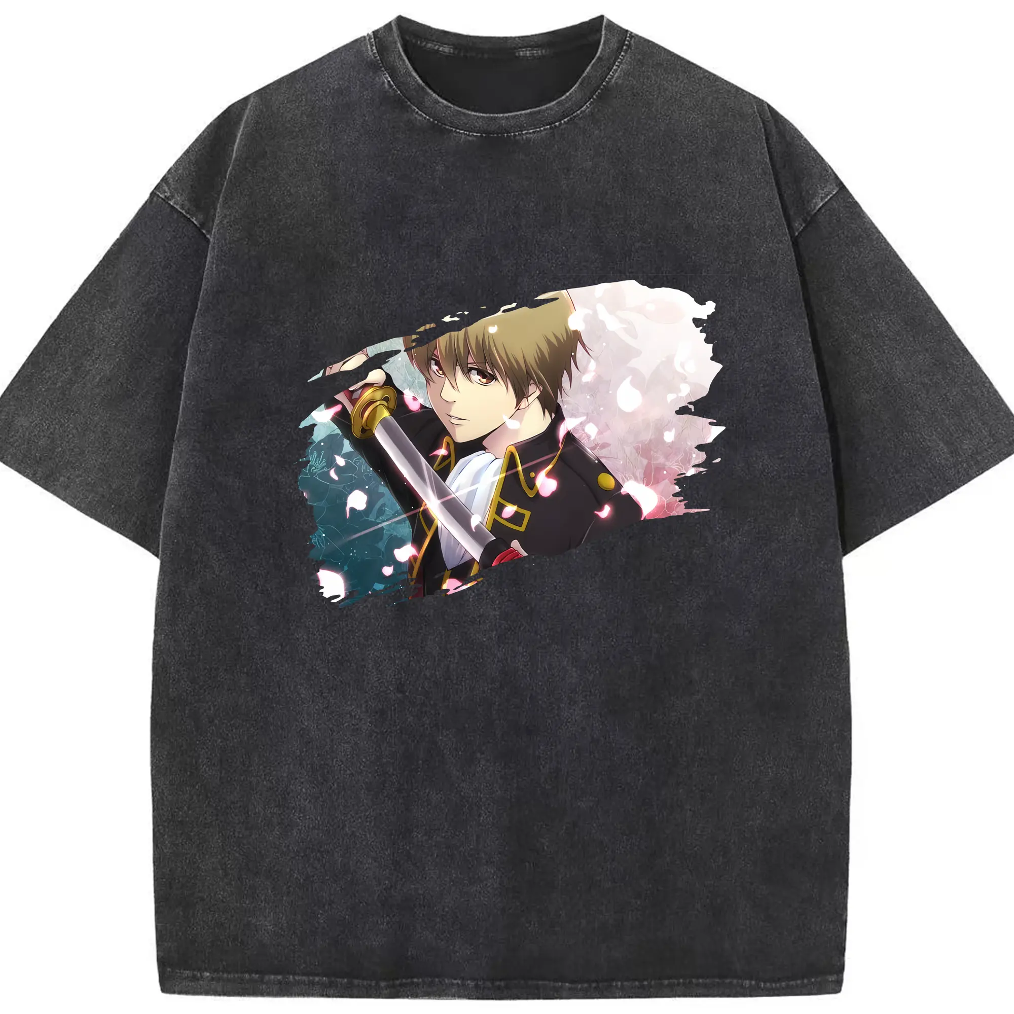 銀魂 グッズ 沖田 総悟 - 綿100％ ヴィンテージ風 半袖Tシャツ ・ フロントプリント ・ 柔らか肌触り ・ 通気性 快適 ・ スポーツ カジュアル 外出用