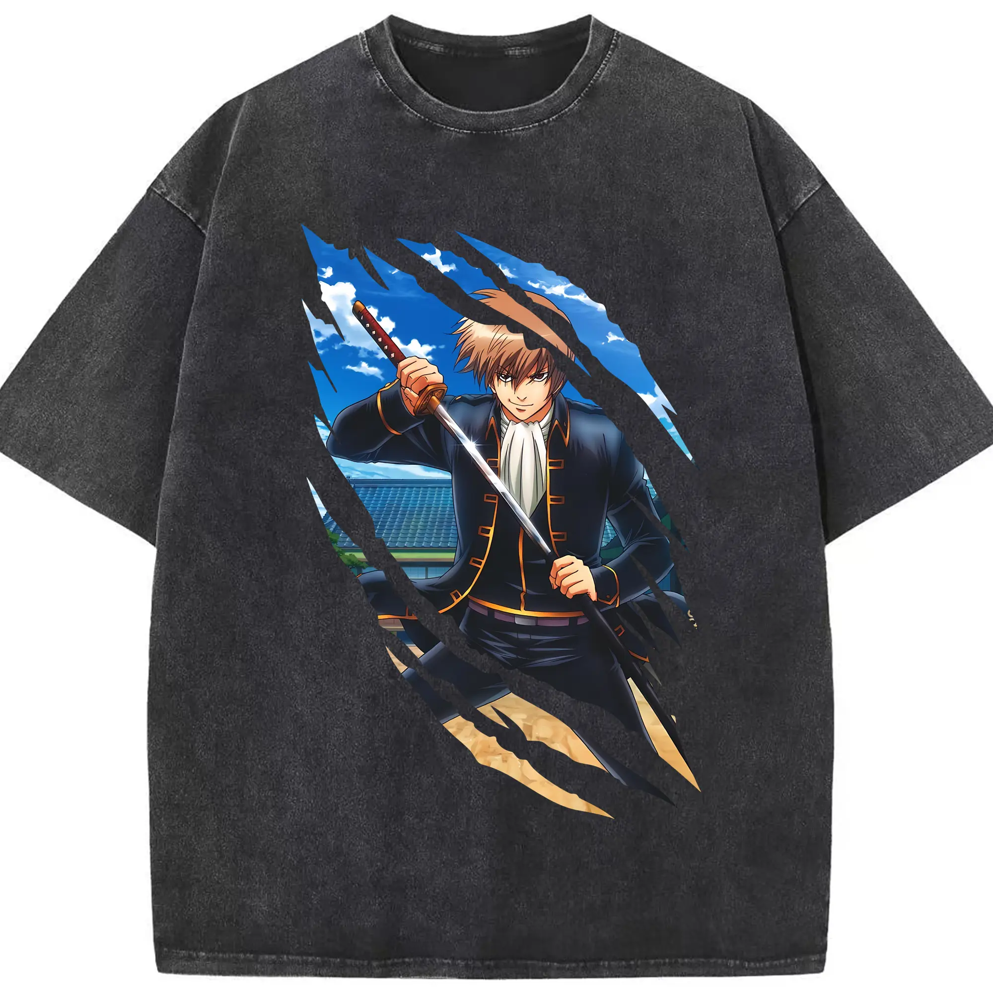 銀魂 グッズ 沖田 総悟 - 綿100％ ヴィンテージ風 半袖Tシャツ ・ フロントプリント ・ 柔らか肌触り ・ 通気性 快適 ・ スポーツ カジュアル 外出用