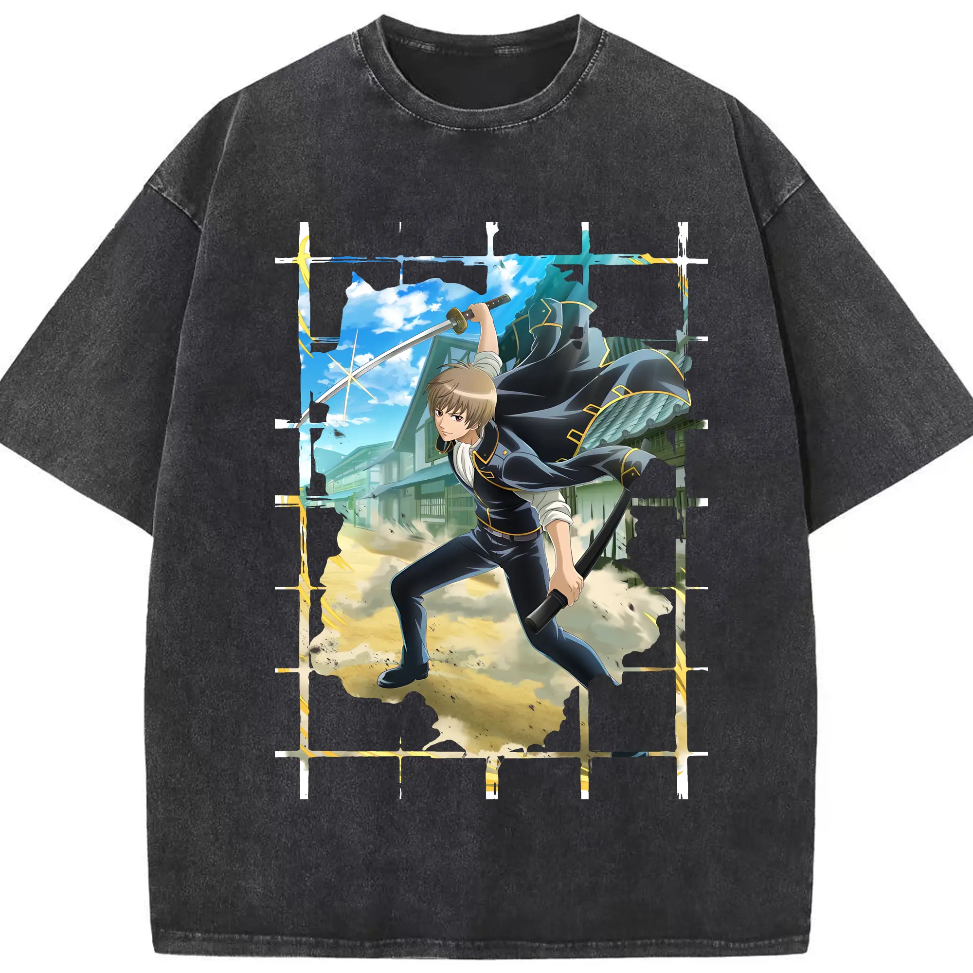 銀魂 グッズ 沖田 総悟 - 綿100％ ヴィンテージ風 半袖Tシャツ ・ フロントプリント ・ 柔らか肌触り ・ 通気性 快適 ・ スポーツ カジュアル 外出用