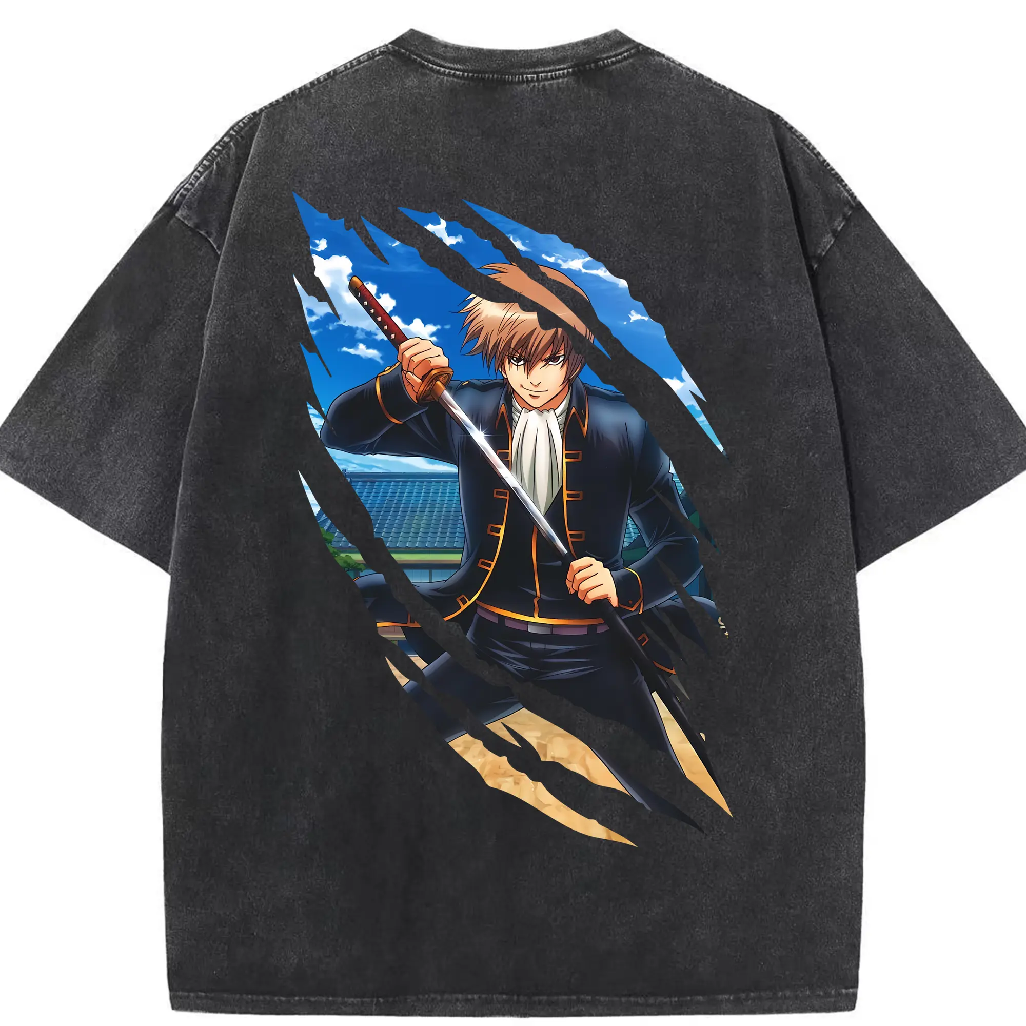 銀魂 グッズ 沖田 総悟 - 綿100％ ヴィンテージ風 半袖Tシャツ ・ 背面プリント ・ 柔らか肌触り ・ 通気性 快適 ・ スポーツ カジュアル 外出用