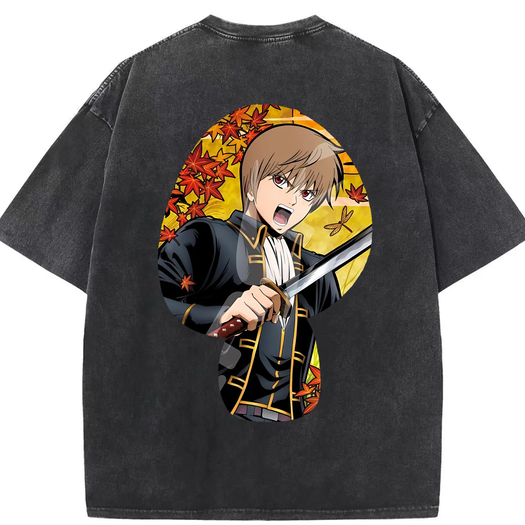 銀魂 グッズ 沖田 総悟 - 綿100％ ヴィンテージ風 半袖Tシャツ ・ 背面プリント ・ 柔らか肌触り ・ 通気性 快適 ・ スポーツ カジュアル 外出用