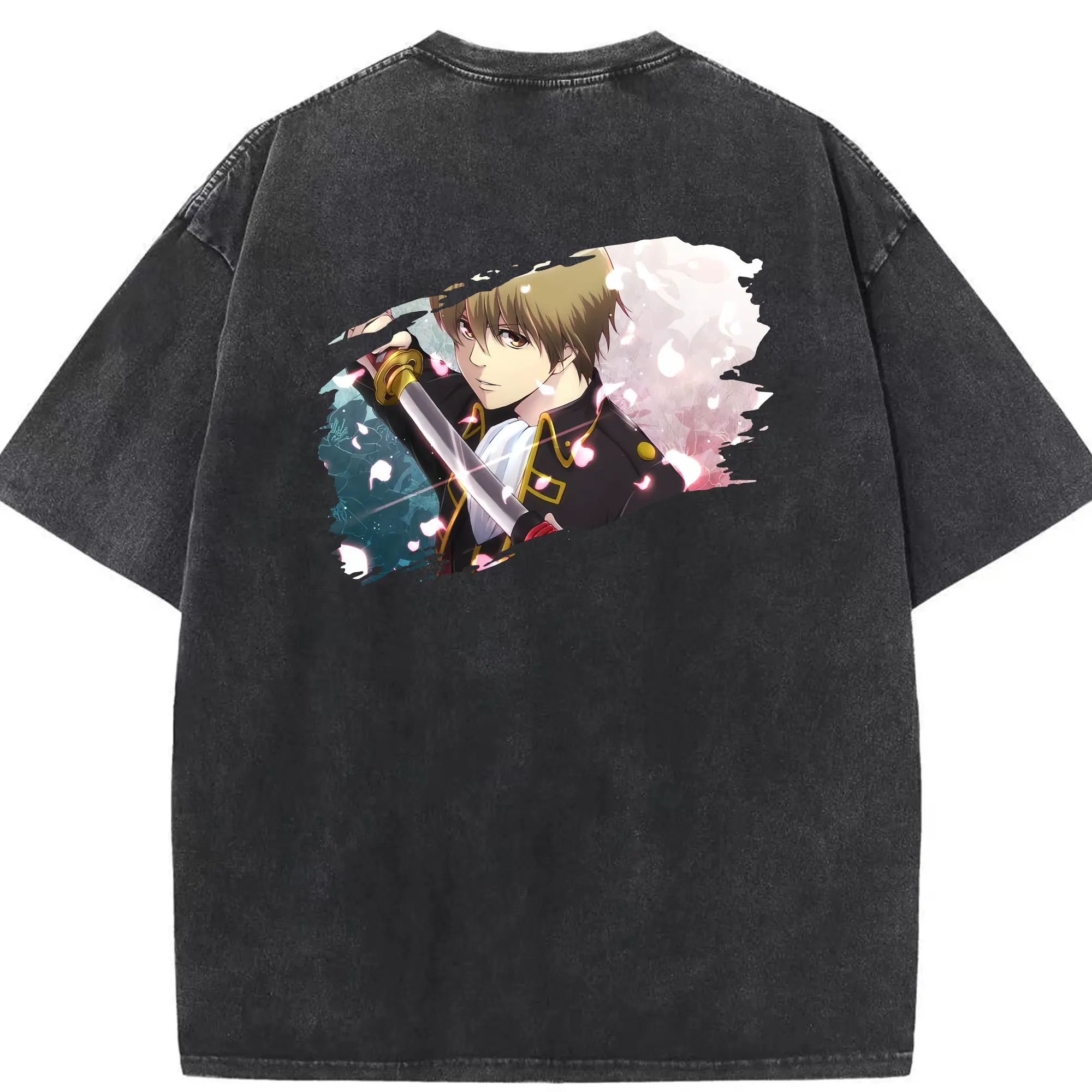 銀魂 グッズ 沖田 総悟 - 綿100％ ヴィンテージ風 半袖Tシャツ ・ 背面プリント ・ 柔らか肌触り ・ 通気性 快適 ・ スポーツ カジュアル 外出用