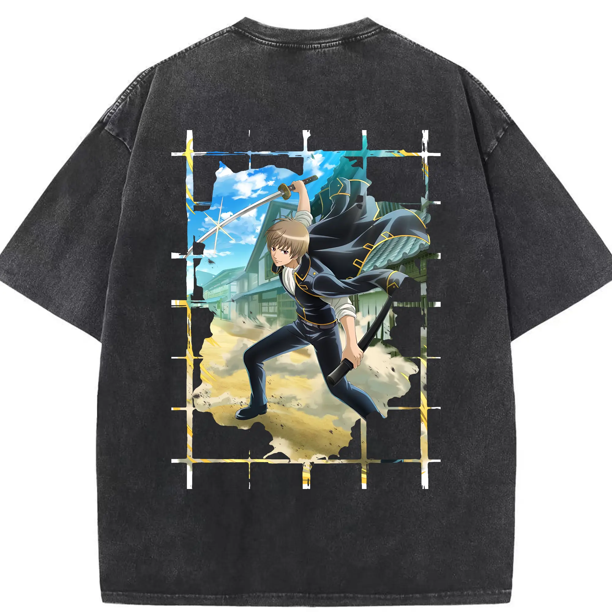 銀魂 グッズ 沖田 総悟 - 綿100％ ヴィンテージ風 半袖Tシャツ ・ 背面プリント ・ 柔らか肌触り ・ 通気性 快適 ・ スポーツ カジュアル 外出用