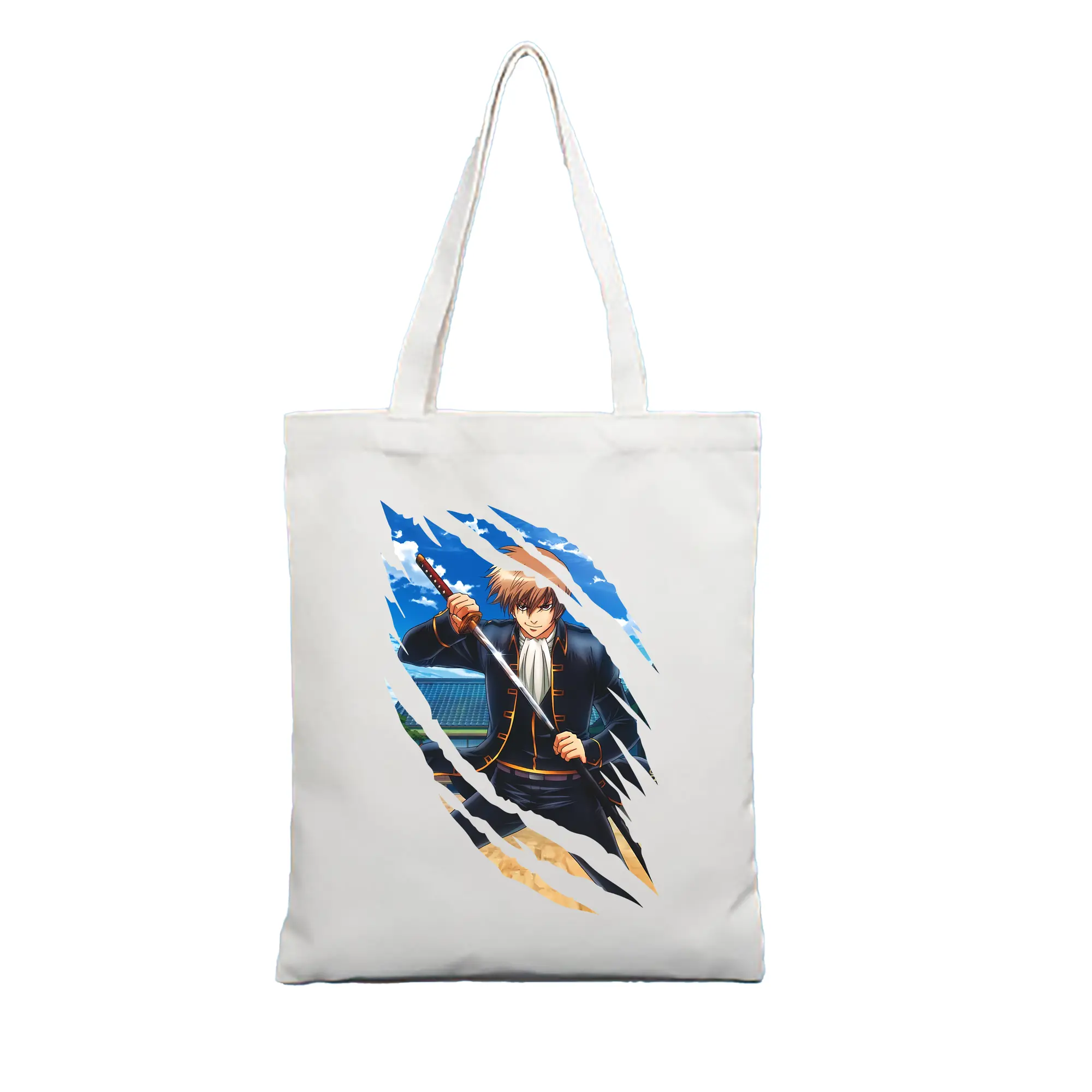 銀魂 グッズ 沖田 総悟 - 縦型キャンバス手提げバッグ（トートバッグ） ・ キャンバス素材 ・ ショッピング用 ・ 軽量 丈夫 お手入れ簡単