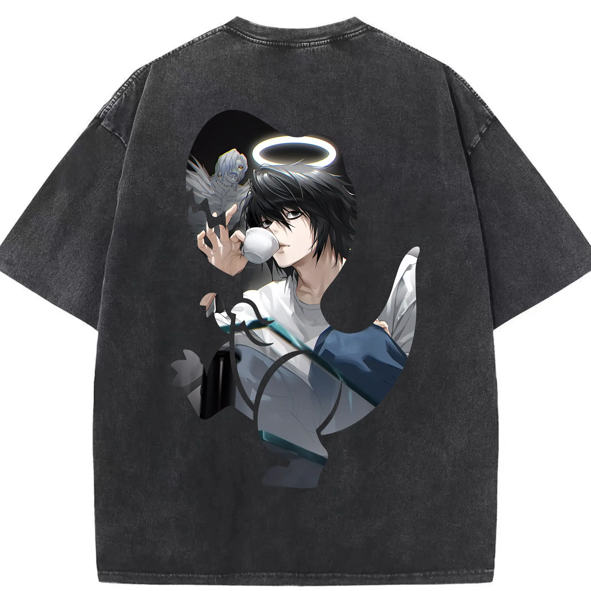 デスノート グッズ,L - 綿100％ ヴィンテージ風 半袖Tシャツ ・ 背面プリント ・ 柔らか肌触り ・ 通気性 快適 ・ スポーツ カジュアル 外出用