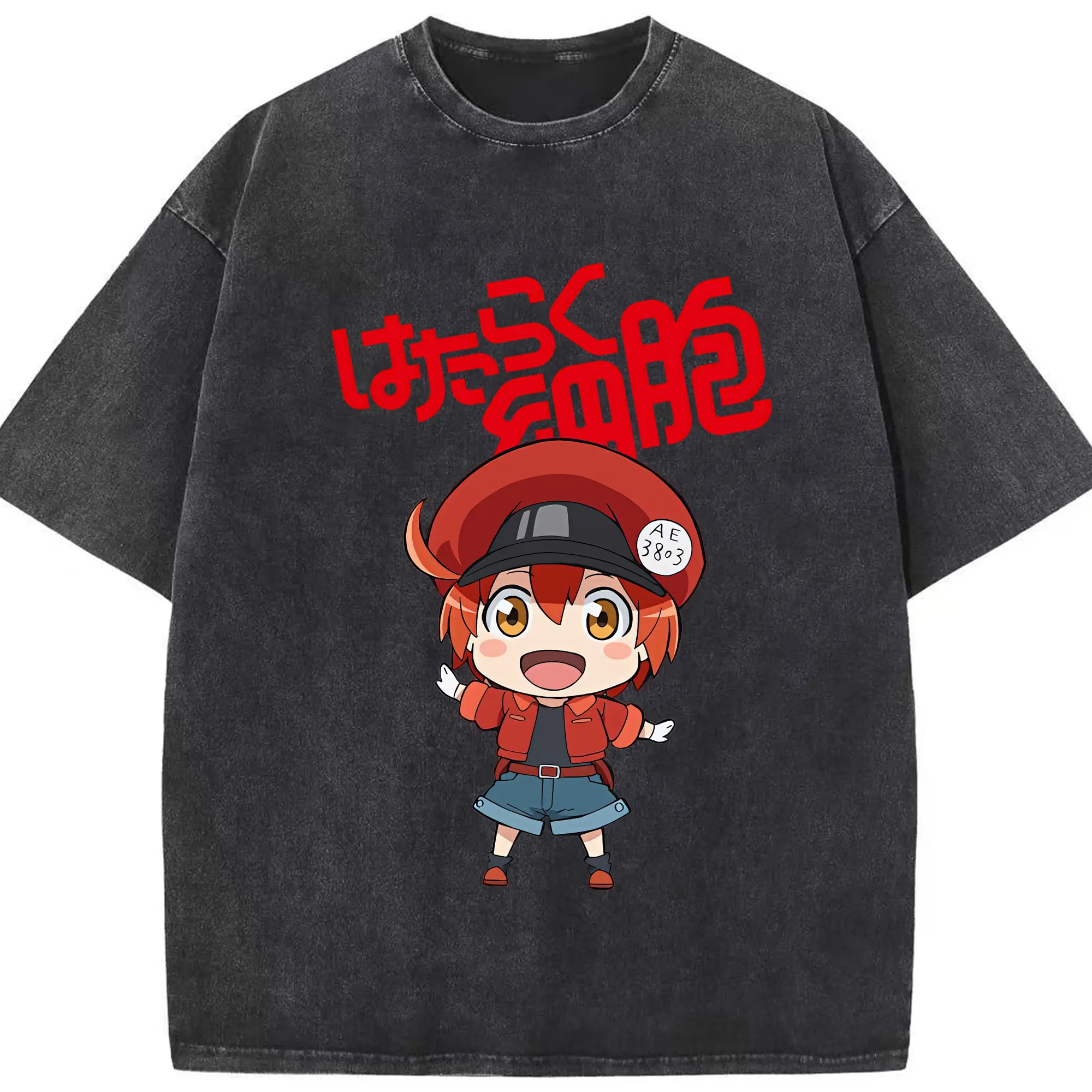 はたらく細胞 グッズ,赤血球 - 綿100％ ヴィンテージ風 半袖Tシャツ ・ フロントプリント ・ 柔らか肌触り ・ 通気性 快適 ・ スポーツ カジュアル 外出用