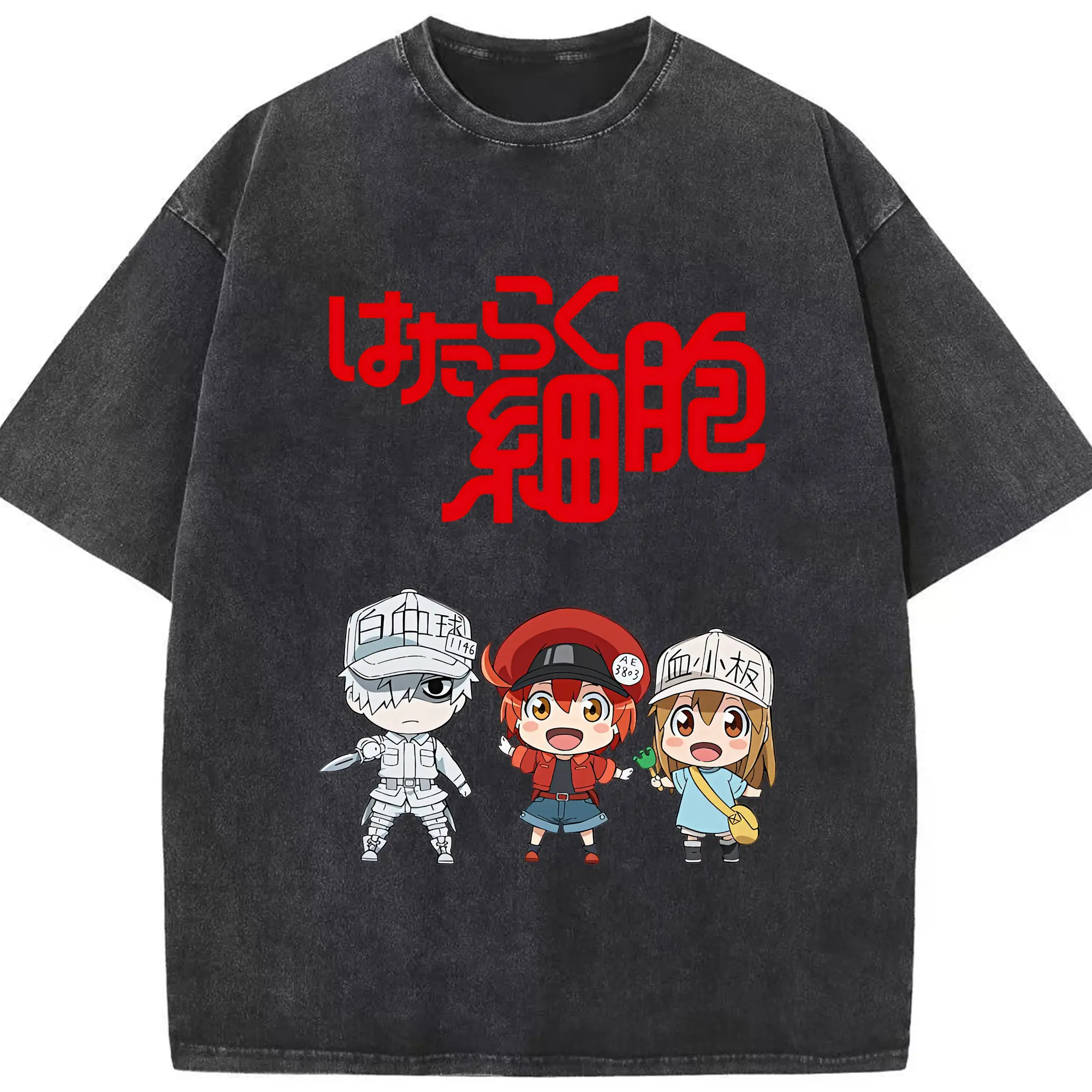 はたらく細胞 グッズ,赤血球 - 綿100％ ヴィンテージ風 半袖Tシャツ ・ フロントプリント ・ 柔らか肌触り ・ 通気性 快適 ・ スポーツ カジュアル 外出用