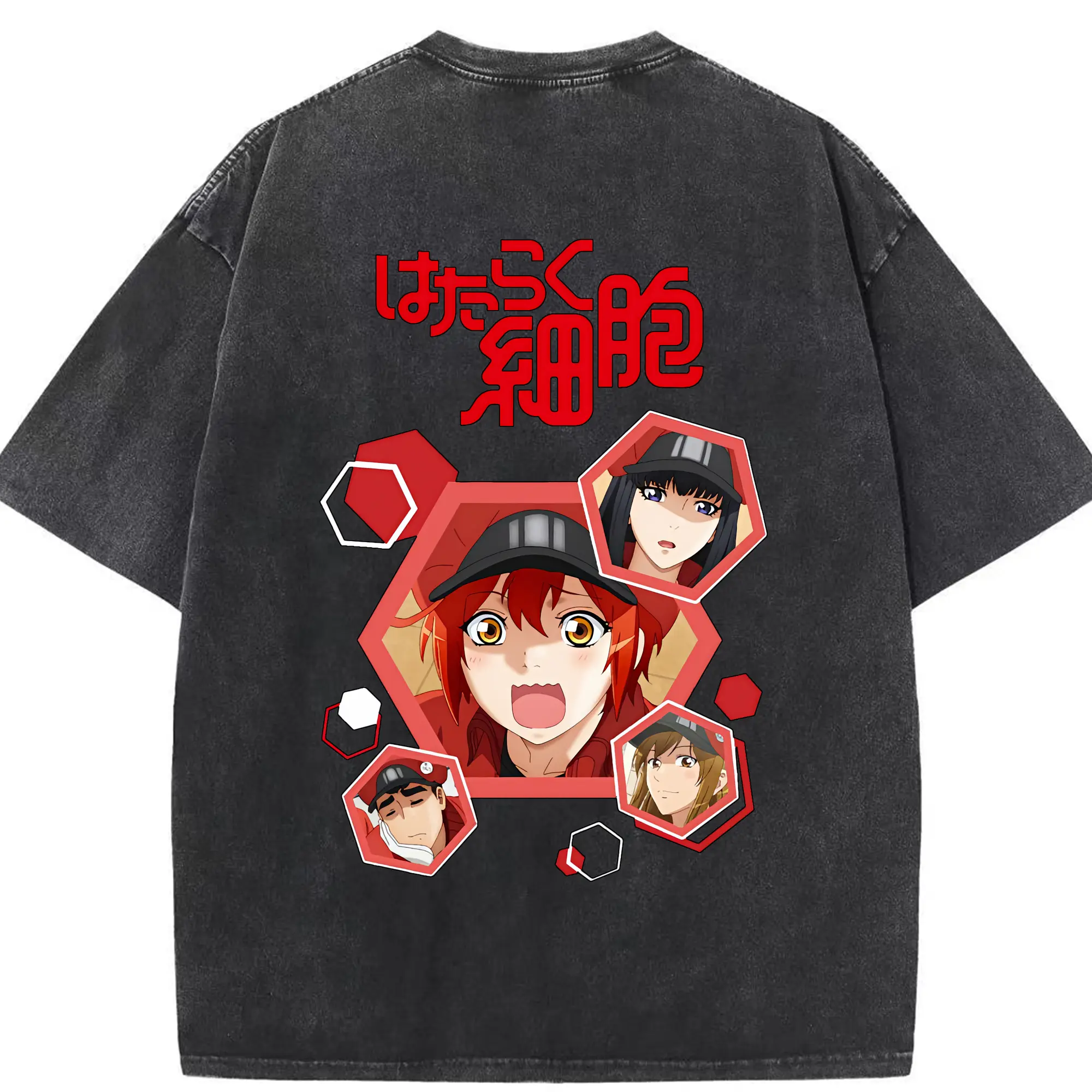 はたらく細胞 グッズ,赤血球 - 綿100％ ヴィンテージ風 半袖Tシャツ ・ 背面プリント ・ 柔らか肌触り ・ 通気性 快適 ・ スポーツ カジュアル 外出用