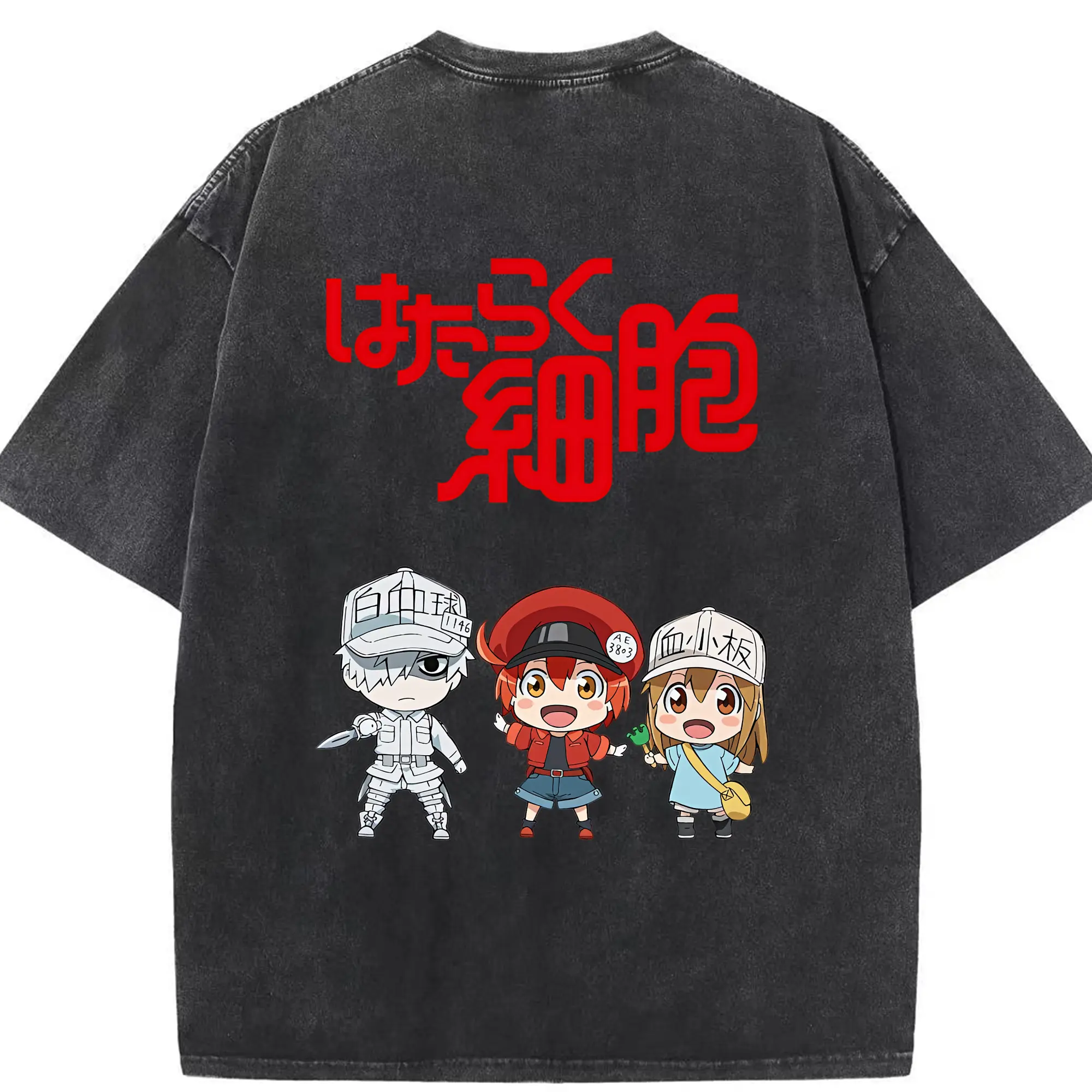 はたらく細胞 グッズ,赤血球 - 綿100％ ヴィンテージ風 半袖Tシャツ ・ 背面プリント ・ 柔らか肌触り ・ 通気性 快適 ・ スポーツ カジュアル 外出用