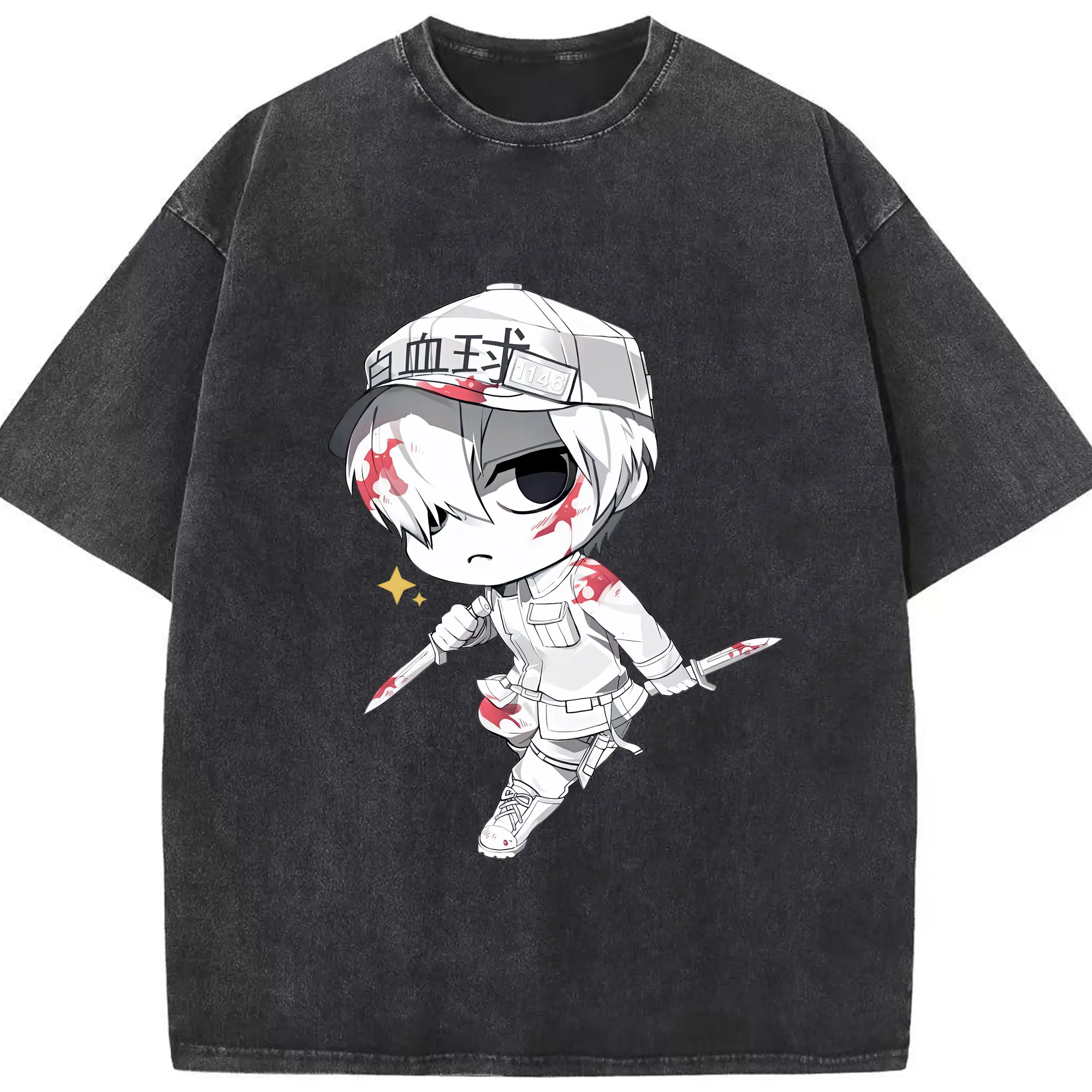 はたらく細胞 グッズ,白血球 - 綿100％ ヴィンテージ風 半袖Tシャツ ・ フロントプリント ・ 柔らか肌触り ・ 通気性 快適 ・ スポーツ カジュアル 外出用