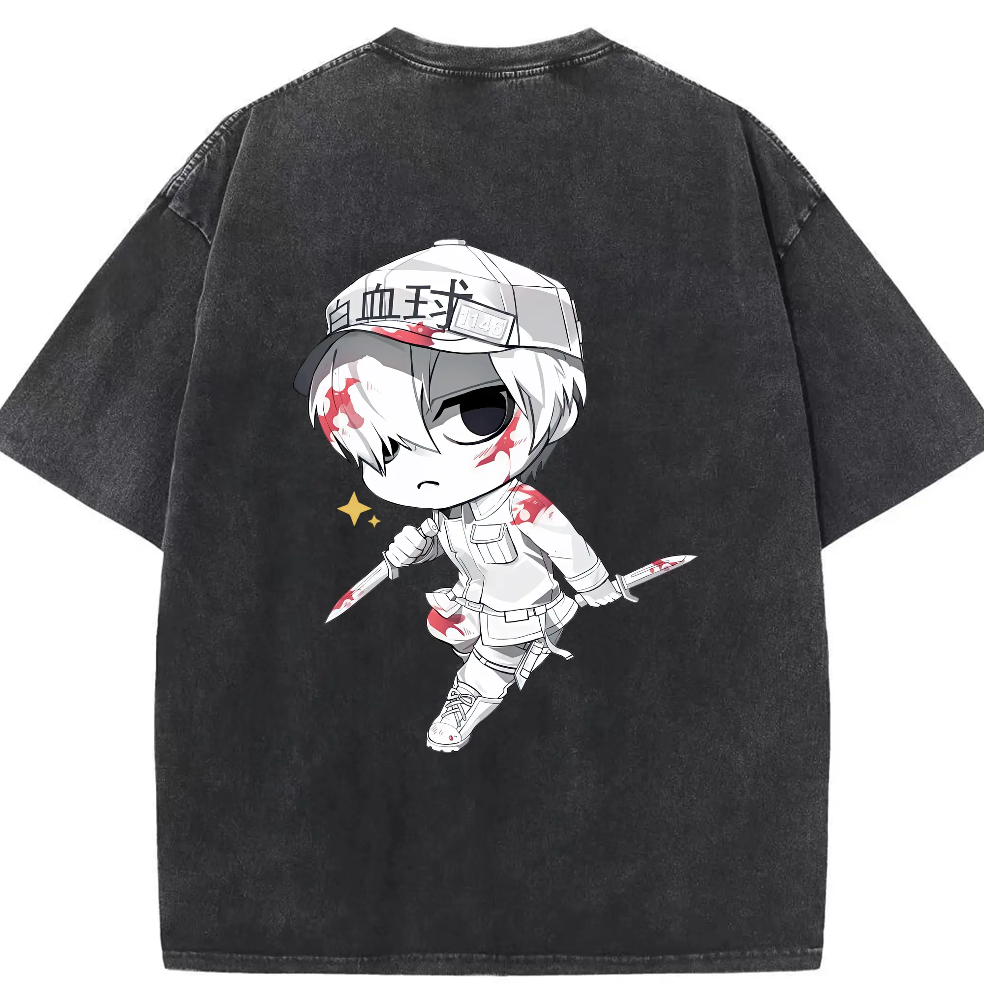 はたらく細胞 グッズ,白血球 - 綿100％ ヴィンテージ風 半袖Tシャツ ・ 背面プリント ・ 柔らか肌触り ・ 通気性 快適 ・ スポーツ カジュアル 外出用