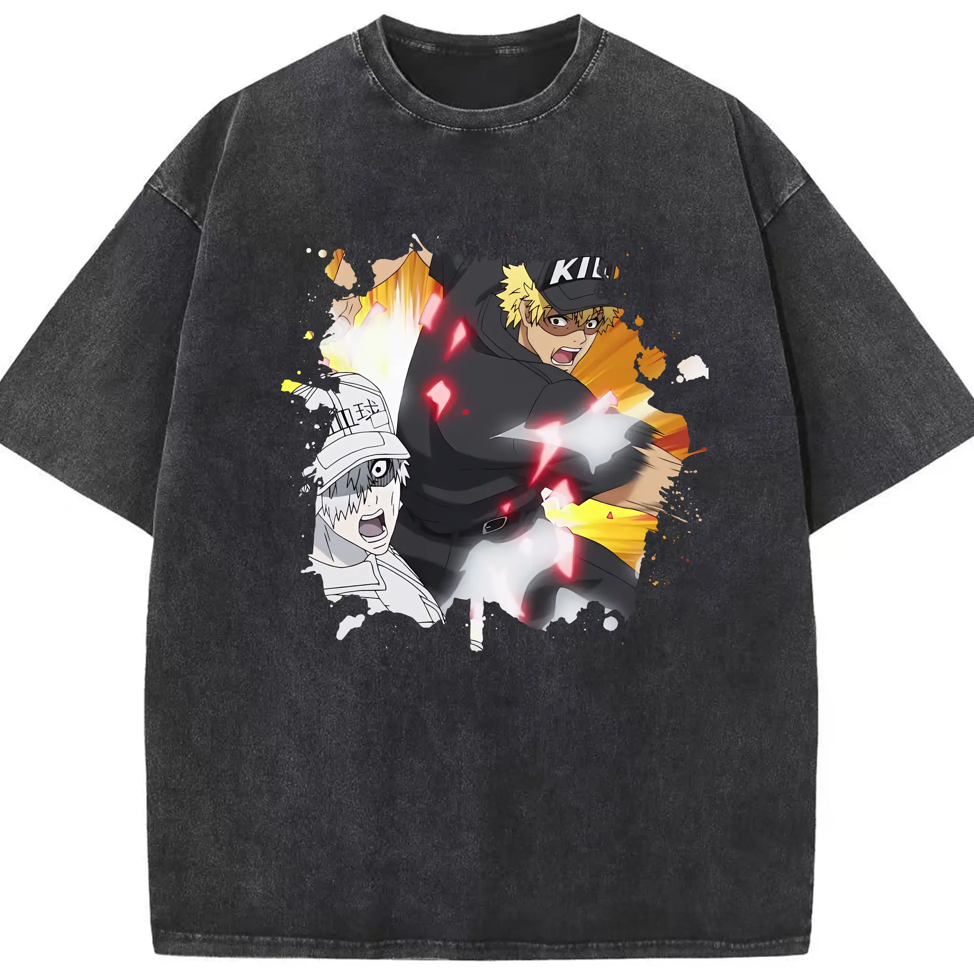 はたらく細胞 グッズ,キラーT細胞 - 綿100％ ヴィンテージ風 半袖Tシャツ ・ フロントプリント ・ 柔らか肌触り ・ 通気性 快適 ・ スポーツ カジュアル 外出用