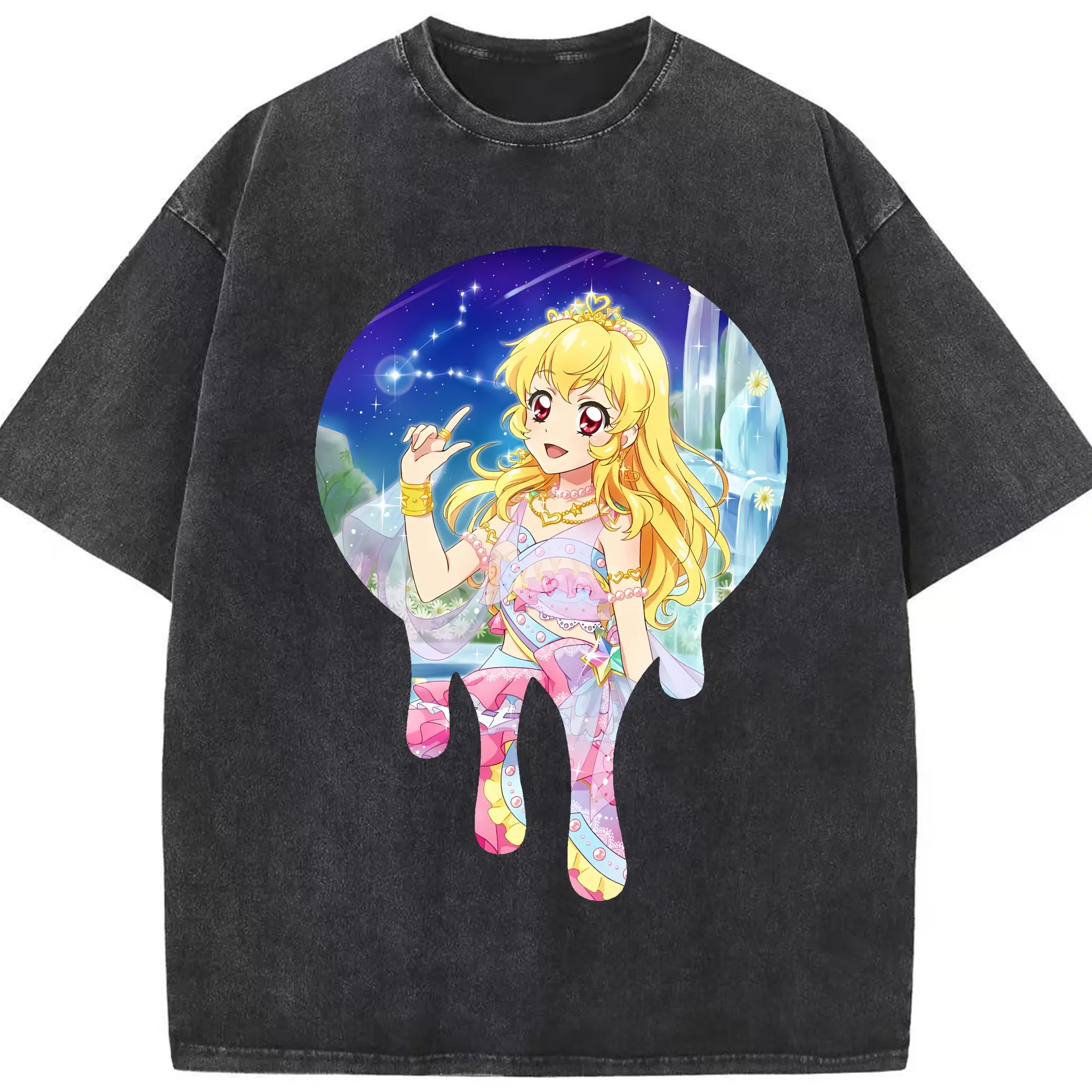 アイカツ グッズ 星宮 いちご - 綿100％ ヴィンテージ風 半袖Tシャツ ・ フロントプリント ・ 柔らか肌触り ・ 通気性 快適 ・ スポーツ カジュアル 外出用