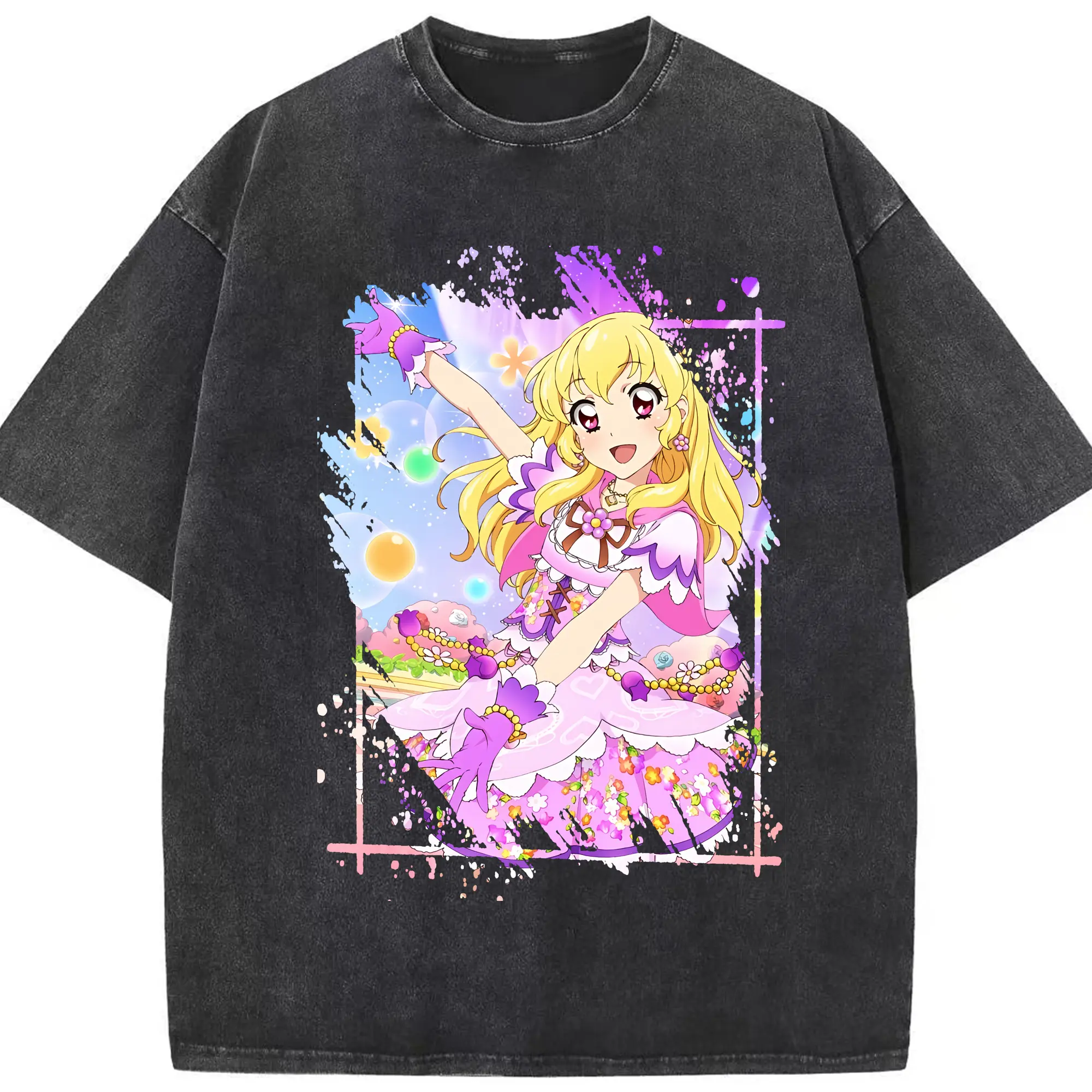アイカツ グッズ 星宮 いちご - 綿100％ ヴィンテージ風 半袖Tシャツ ・ フロントプリント ・ 柔らか肌触り ・ 通気性 快適 ・ スポーツ カジュアル 外出用