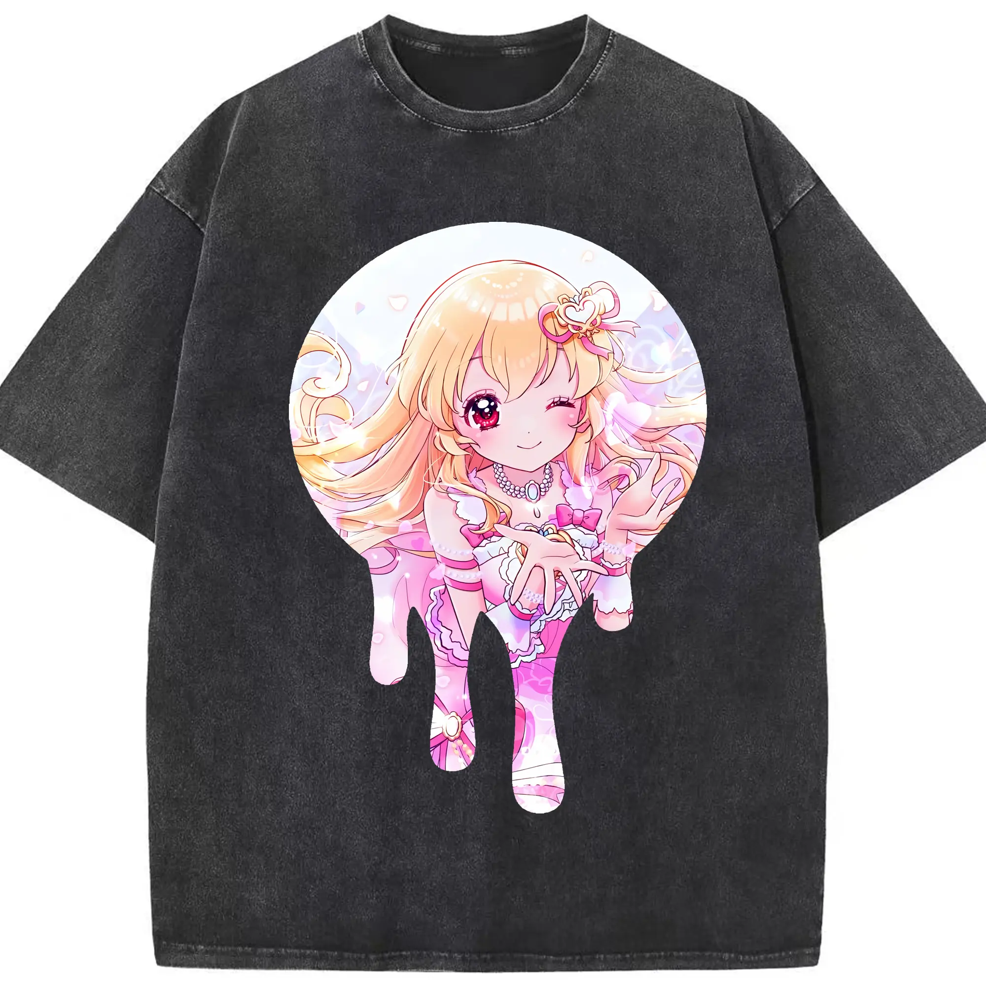 アイカツ グッズ 星宮 いちご - 綿100％ ヴィンテージ風 半袖Tシャツ ・ フロントプリント ・ 柔らか肌触り ・ 通気性 快適 ・ スポーツ カジュアル 外出用