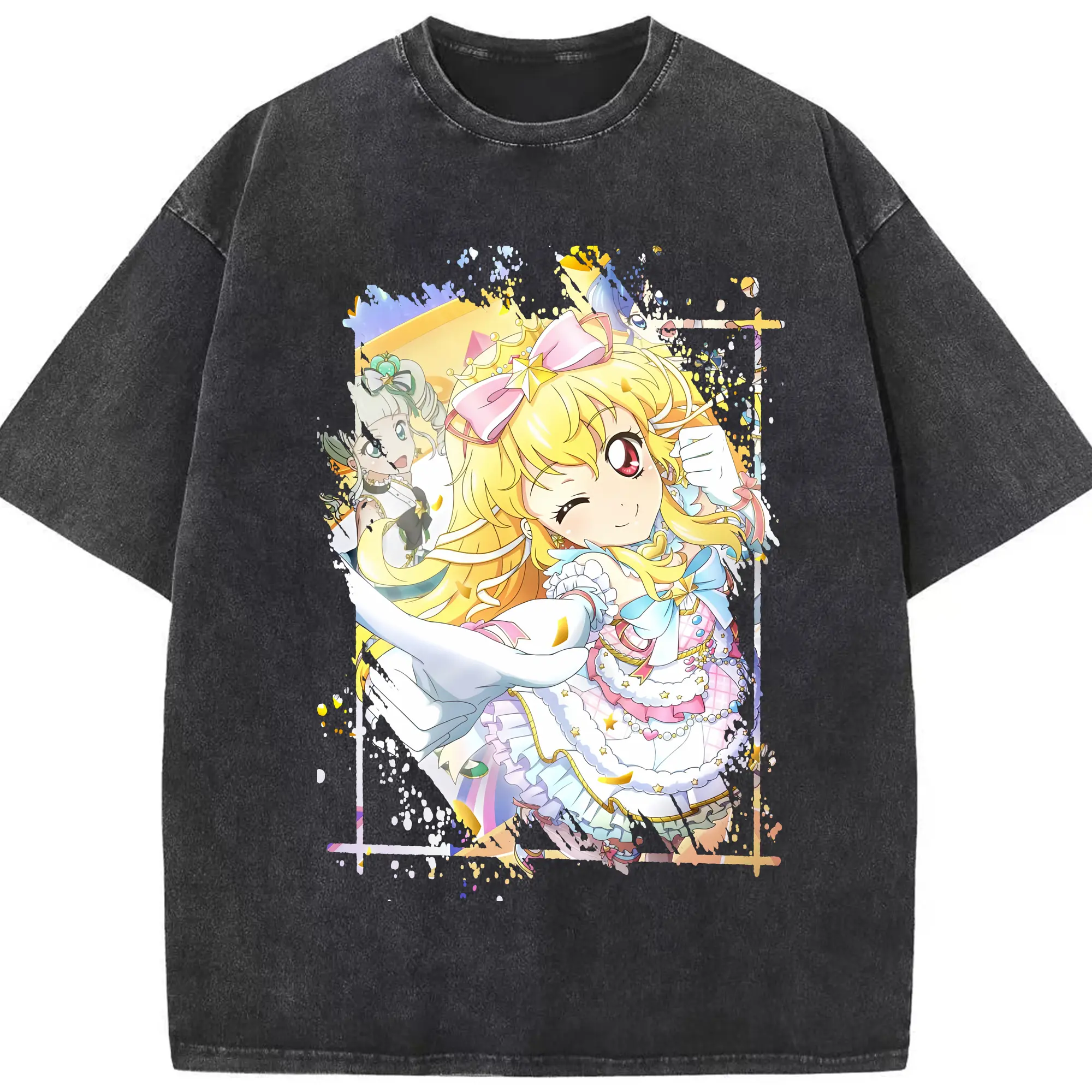アイカツ グッズ 星宮 いちご - 綿100％ ヴィンテージ風 半袖Tシャツ ・ フロントプリント ・ 柔らか肌触り ・ 通気性 快適 ・ スポーツ カジュアル 外出用