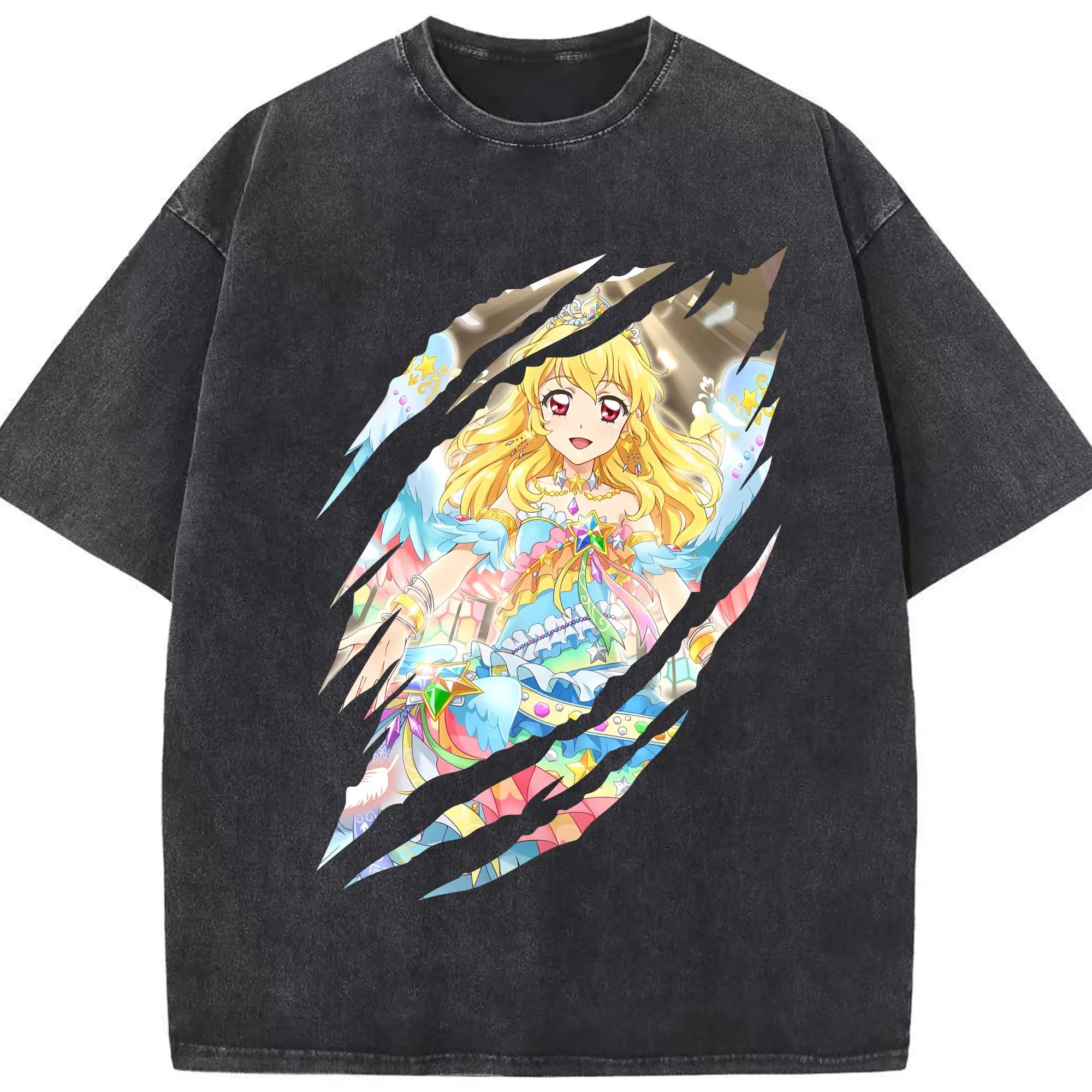 アイカツ グッズ 星宮 いちご - 綿100％ ヴィンテージ風 半袖Tシャツ ・ フロントプリント ・ 柔らか肌触り ・ 通気性 快適 ・ スポーツ カジュアル 外出用