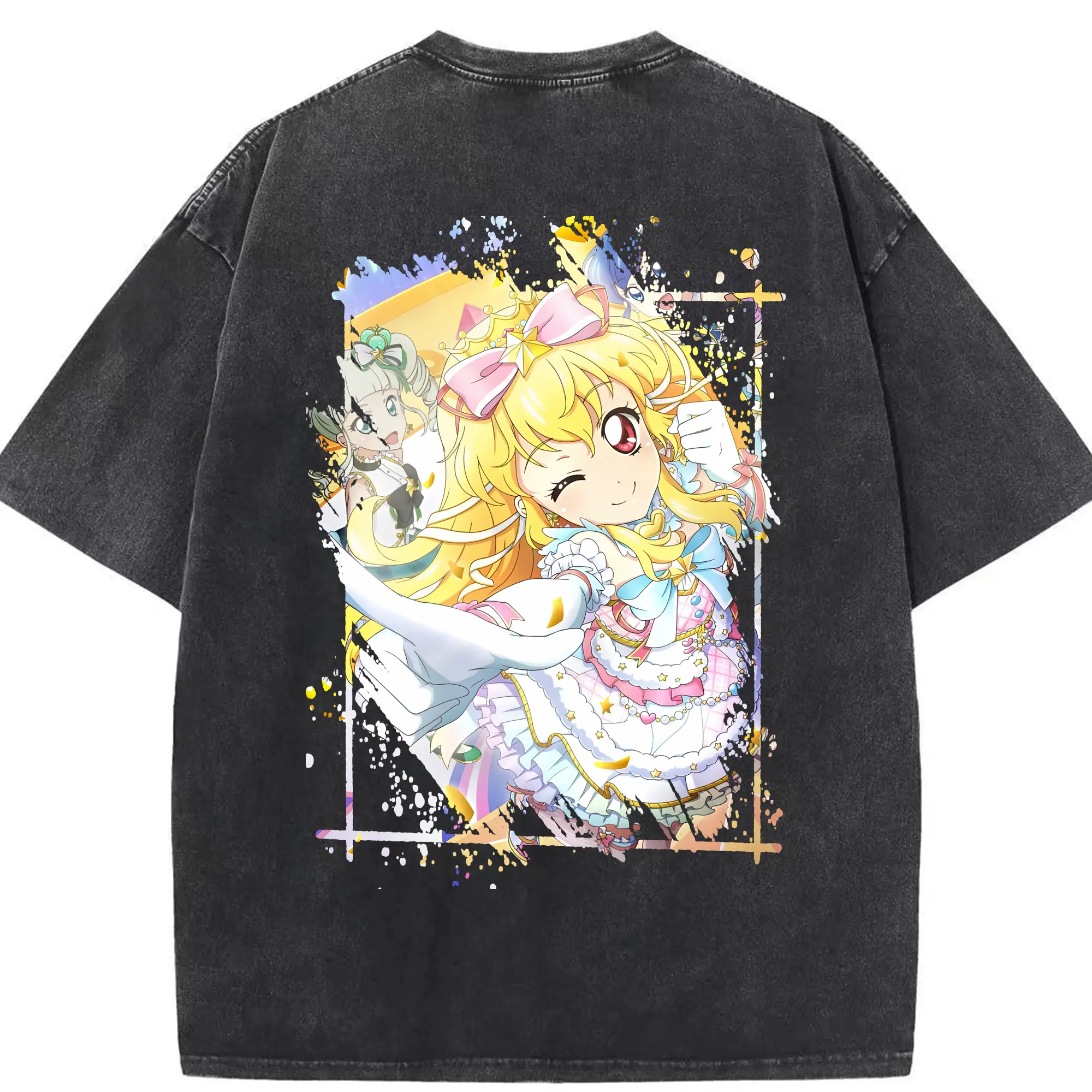 アイカツ グッズ 星宮 いちご - 綿100％ ヴィンテージ風 半袖Tシャツ ・ 背面プリント ・ 柔らか肌触り ・ 通気性 快適 ・ スポーツ カジュアル 外出用