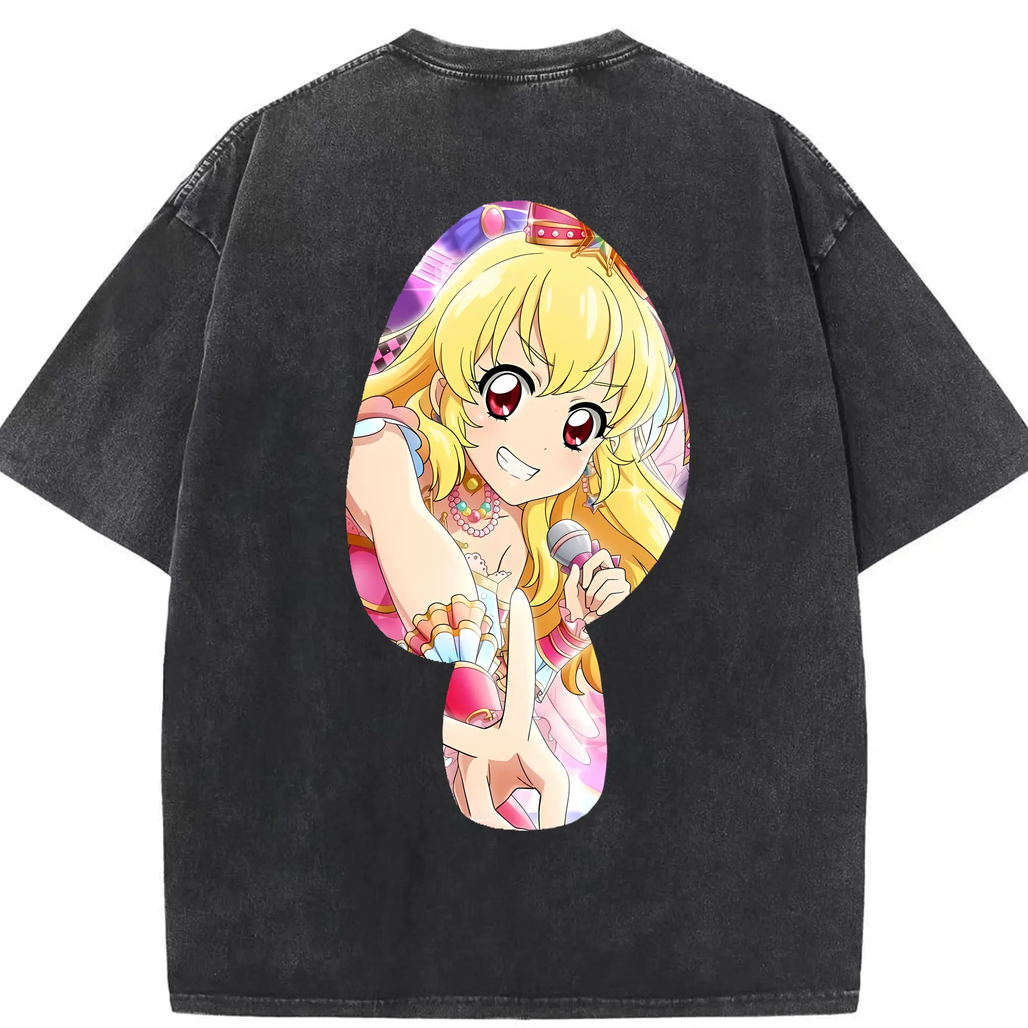 アイカツ グッズ 星宮 いちご - 綿100％ ヴィンテージ風 半袖Tシャツ ・ 背面プリント ・ 柔らか肌触り ・ 通気性 快適 ・ スポーツ カジュアル 外出用