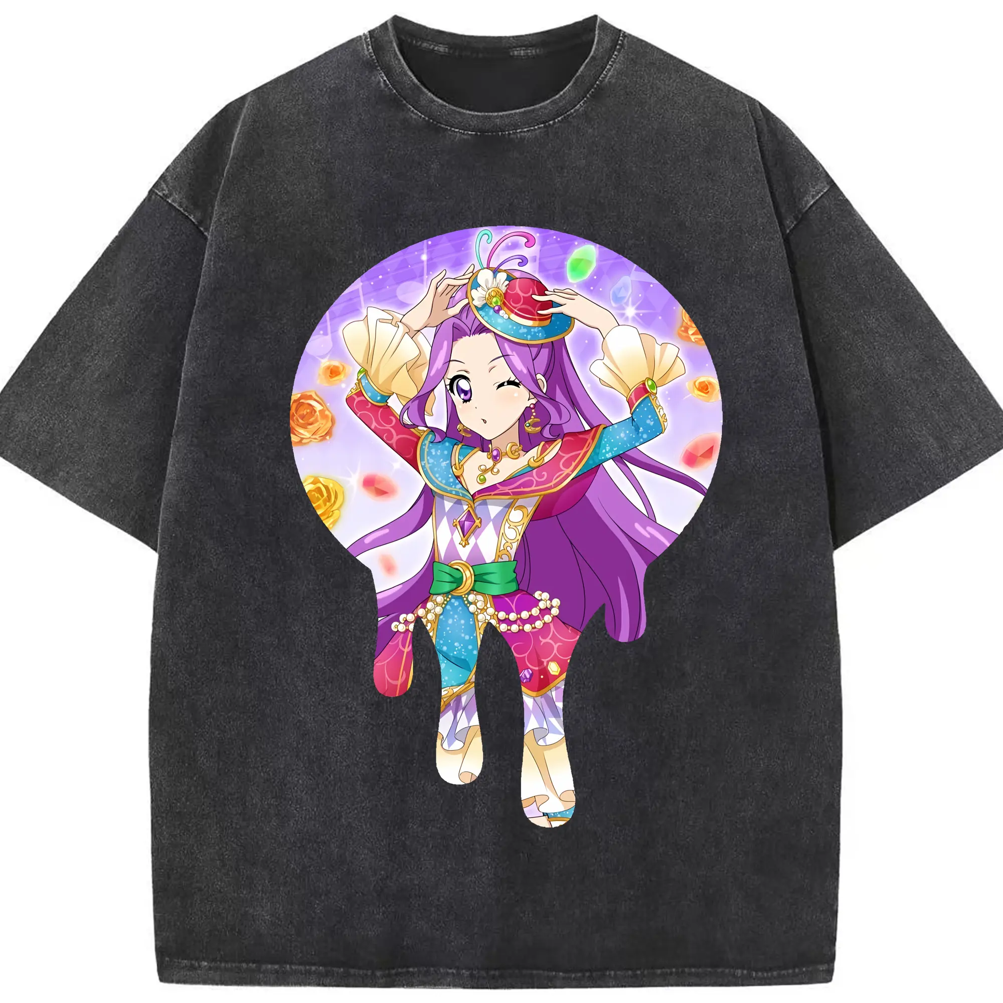 アイカツ グッズ 神崎 美月 - 綿100％ ヴィンテージ風 半袖Tシャツ ・ フロントプリント ・ 柔らか肌触り ・ 通気性 快適 ・ スポーツ カジュアル 外出用