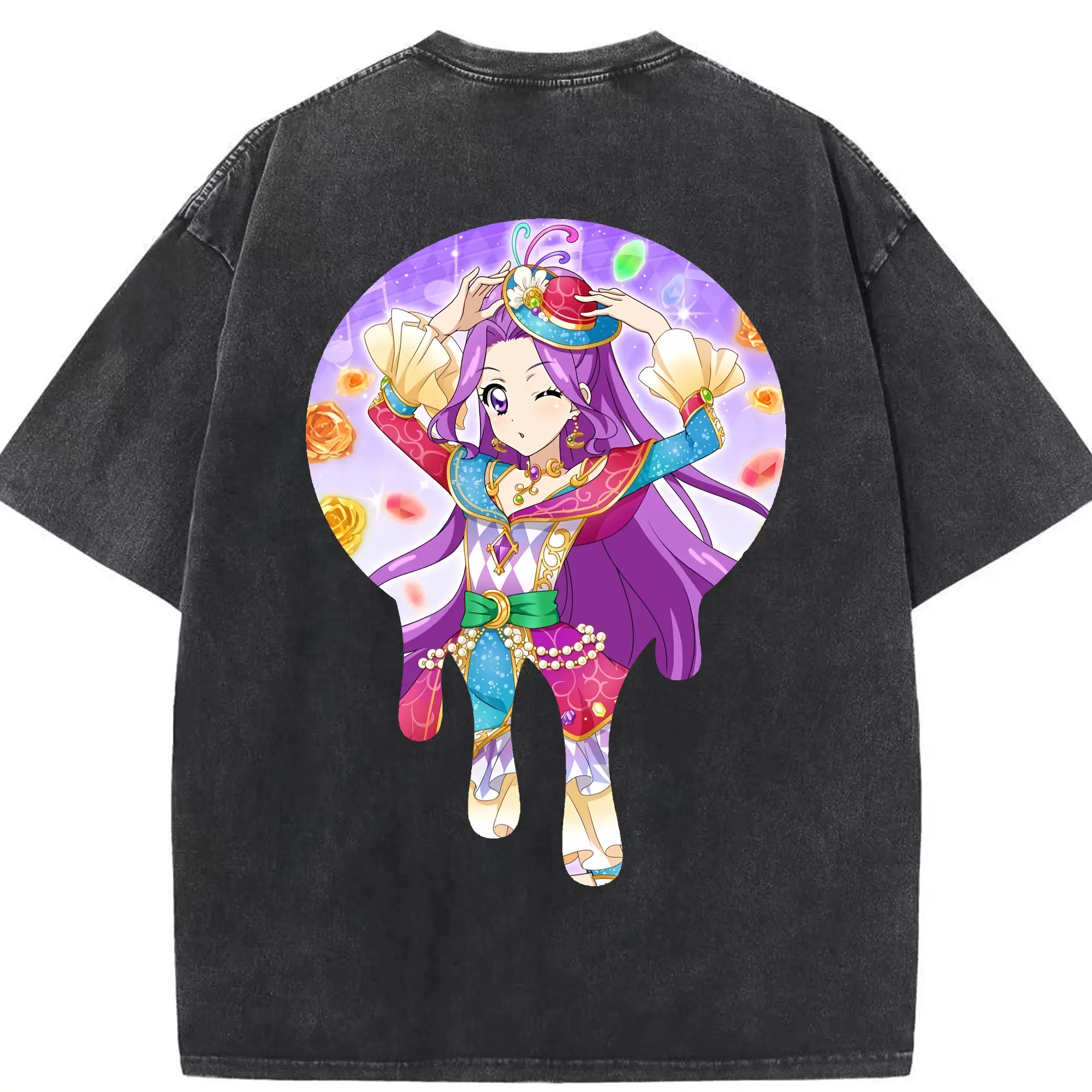アイカツ グッズ 神崎 美月 - 綿100％ ヴィンテージ風 半袖Tシャツ ・ 背面プリント ・ 柔らか肌触り ・ 通気性 快適 ・ スポーツ カジュアル 外出用