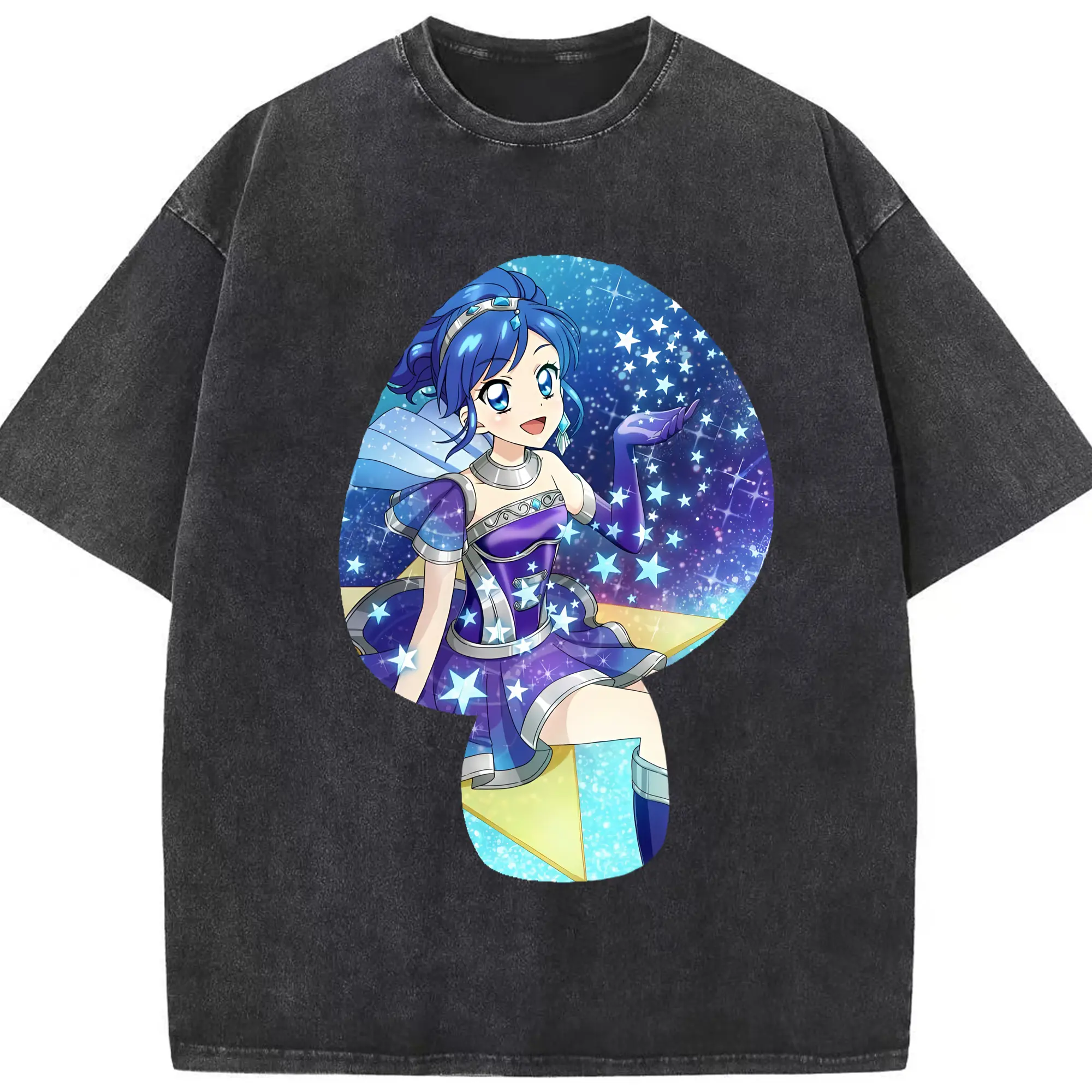アイカツ グッズ 霧矢 あおい - 綿100％ ヴィンテージ風 半袖Tシャツ ・ フロントプリント ・ 柔らか肌触り ・ 通気性 快適 ・ スポーツ カジュアル 外出用