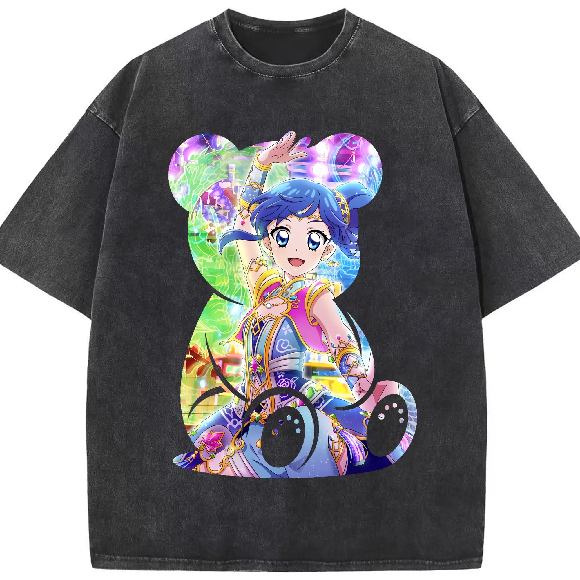 アイカツ グッズ 霧矢 あおい - 綿100％ ヴィンテージ風 半袖Tシャツ ・ フロントプリント ・ 柔らか肌触り ・ 通気性 快適 ・ スポーツ カジュアル 外出用