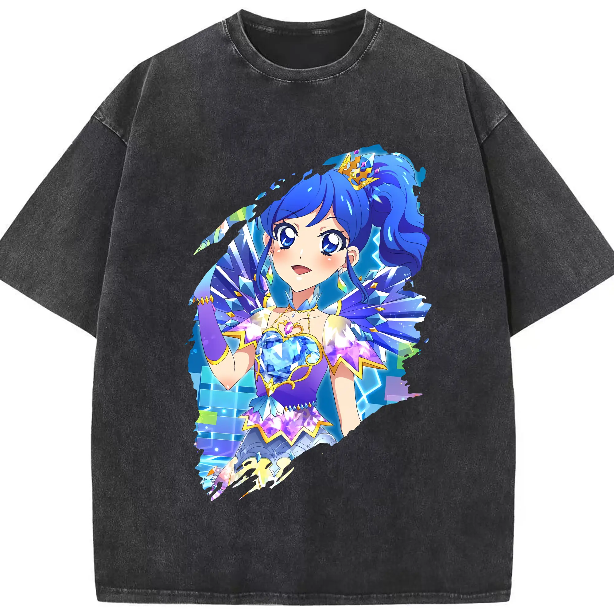 アイカツ グッズ 霧矢 あおい - 綿100％ ヴィンテージ風 半袖Tシャツ ・ フロントプリント ・ 柔らか肌触り ・ 通気性 快適 ・ スポーツ カジュアル 外出用