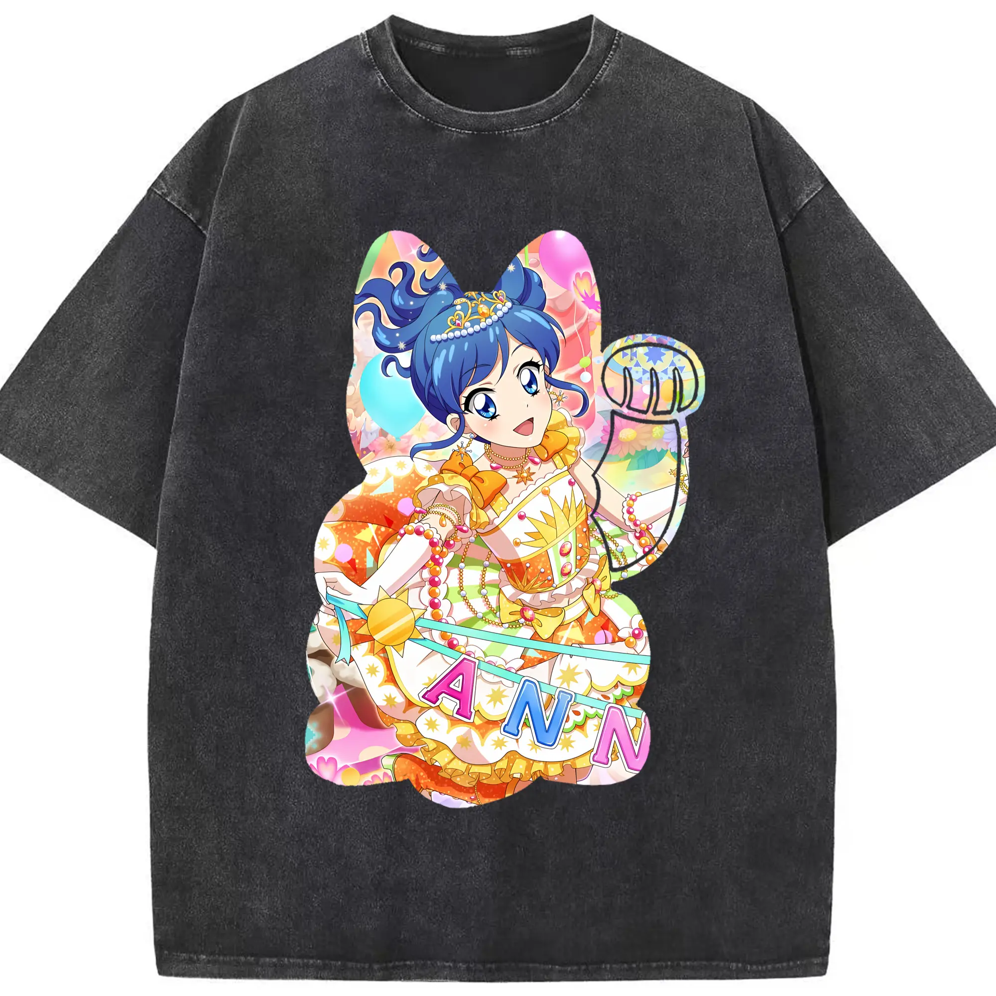 アイカツ グッズ 霧矢 あおい - 綿100％ ヴィンテージ風 半袖Tシャツ ・ フロントプリント ・ 柔らか肌触り ・ 通気性 快適 ・ スポーツ カジュアル 外出用