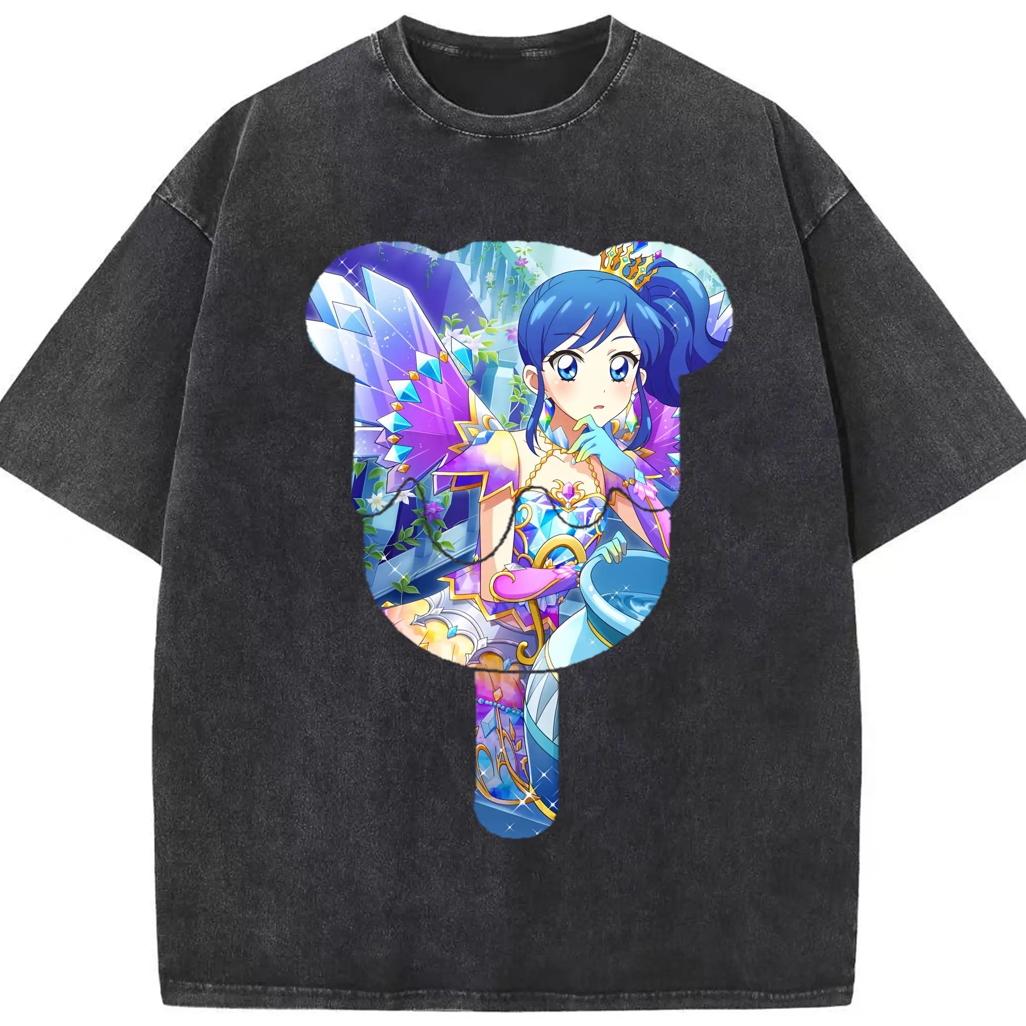 アイカツ グッズ 霧矢 あおい - 綿100％ ヴィンテージ風 半袖Tシャツ ・ フロントプリント ・ 柔らか肌触り ・ 通気性 快適 ・ スポーツ カジュアル 外出用