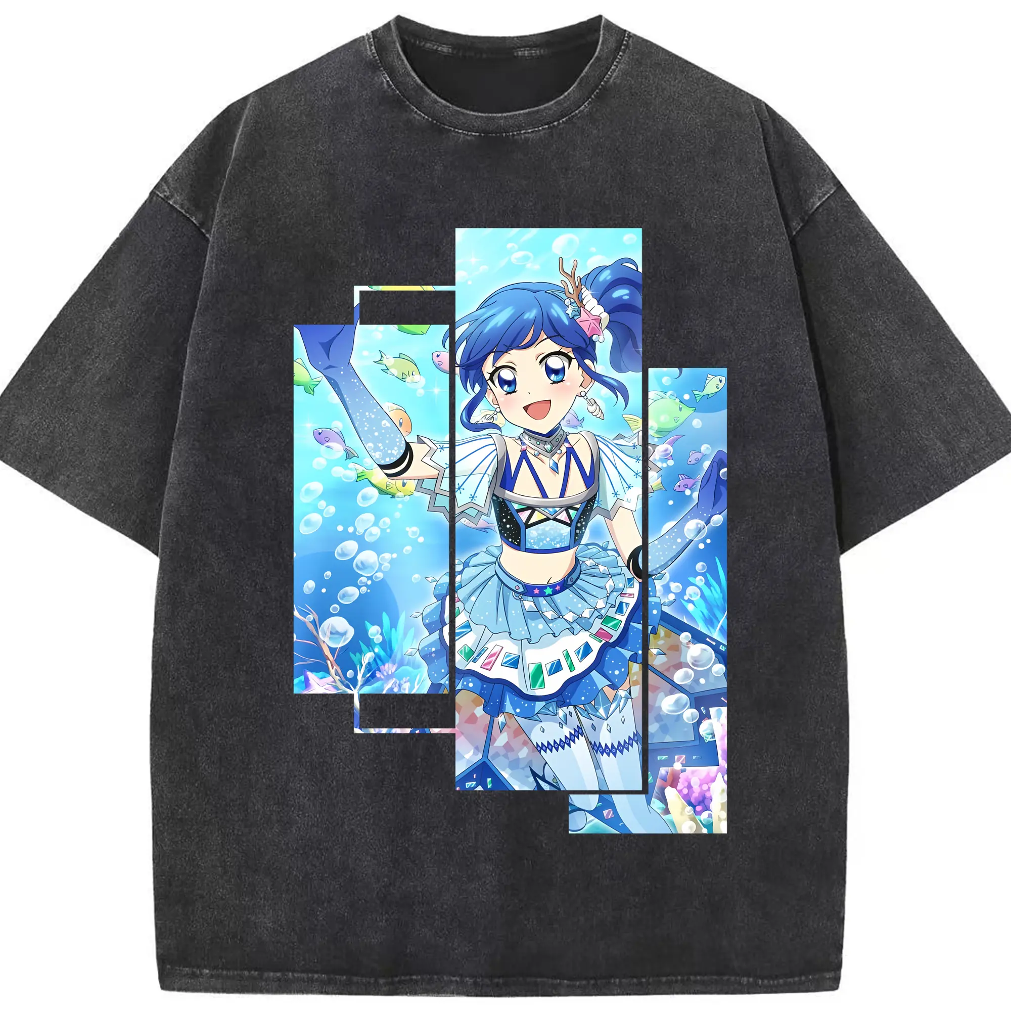 アイカツ グッズ 霧矢 あおい - 綿100％ ヴィンテージ風 半袖Tシャツ ・ フロントプリント ・ 柔らか肌触り ・ 通気性 快適 ・ スポーツ カジュアル 外出用