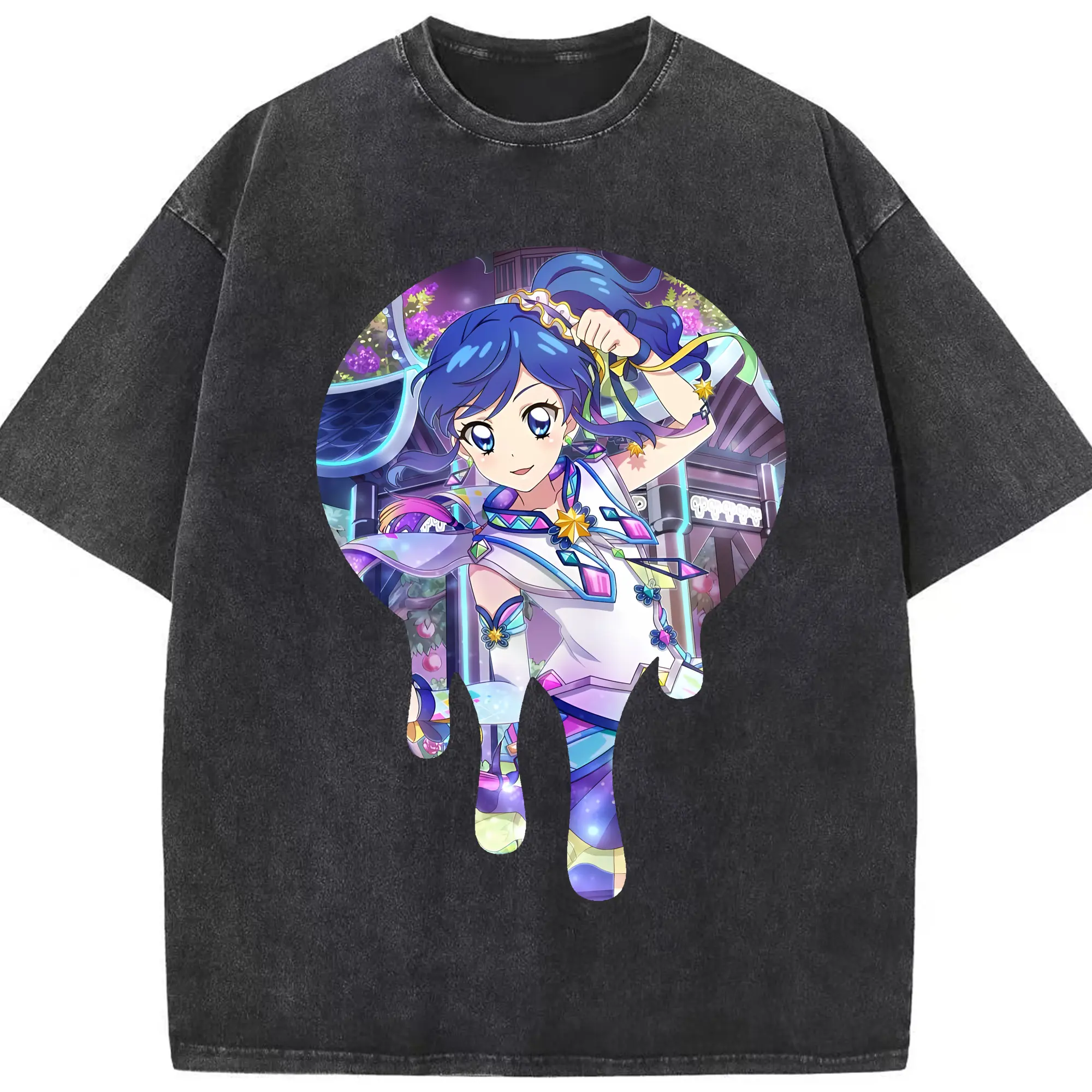 アイカツ グッズ 霧矢 あおい - 綿100％ ヴィンテージ風 半袖Tシャツ ・ フロントプリント ・ 柔らか肌触り ・ 通気性 快適 ・ スポーツ カジュアル 外出用