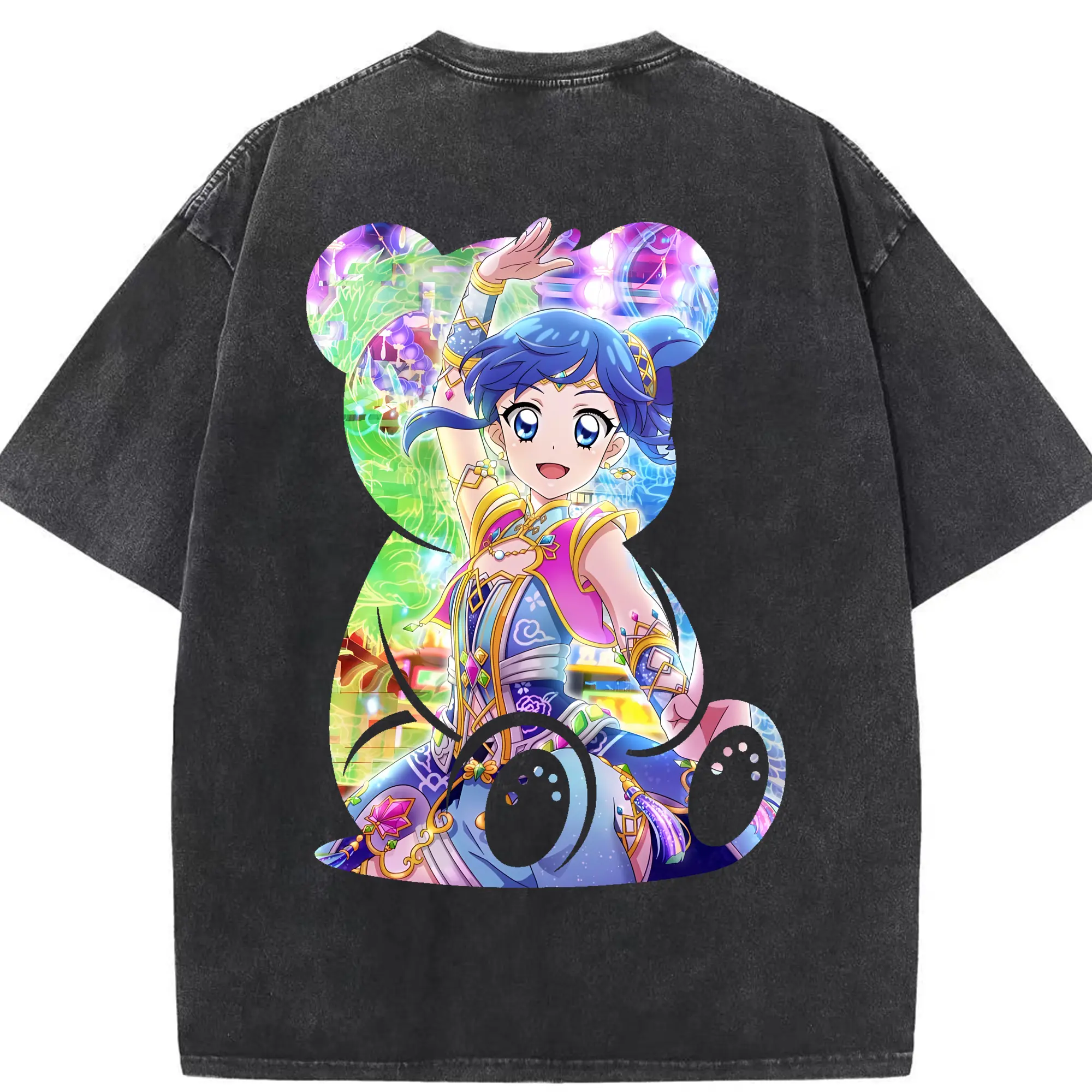 アイカツ グッズ 霧矢 あおい - 綿100％ ヴィンテージ風 半袖Tシャツ ・ 背面プリント ・ 柔らか肌触り ・ 通気性 快適 ・ スポーツ カジュアル 外出用
