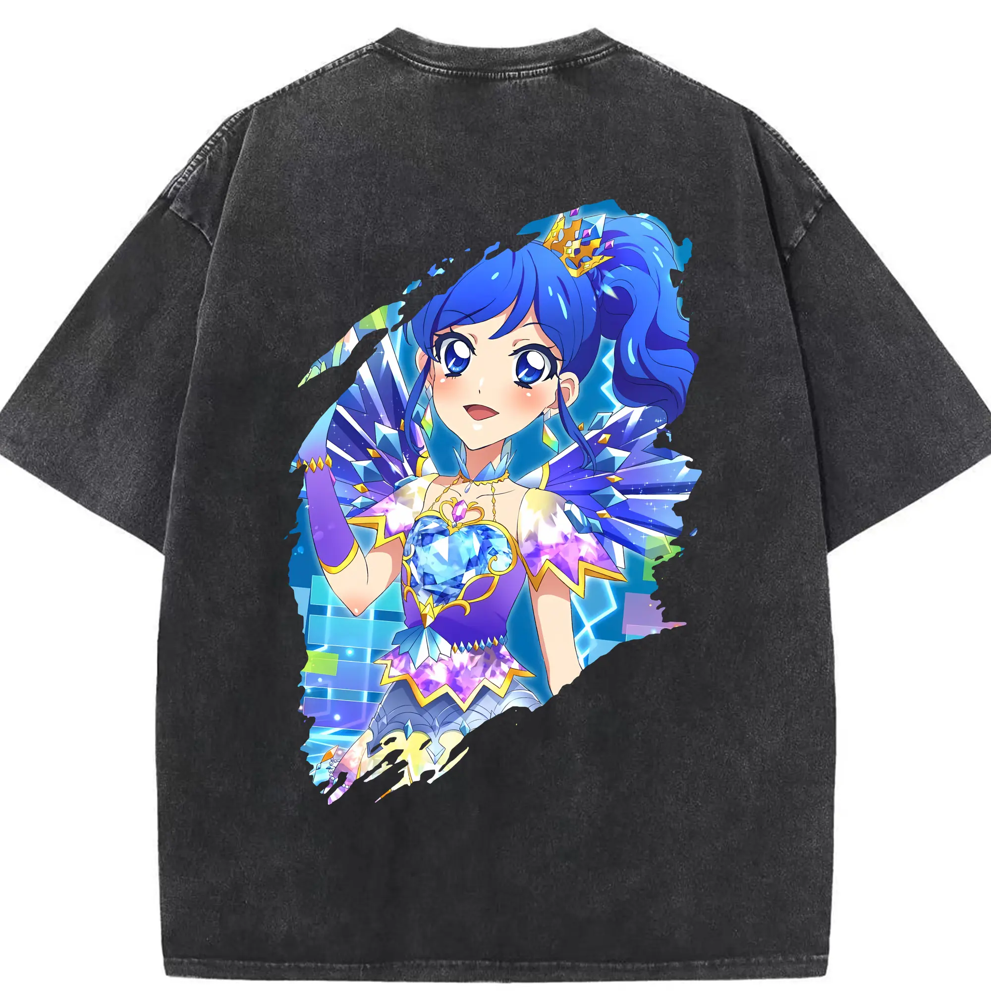 アイカツ グッズ 霧矢 あおい - 綿100％ ヴィンテージ風 半袖Tシャツ ・ 背面プリント ・ 柔らか肌触り ・ 通気性 快適 ・ スポーツ カジュアル 外出用