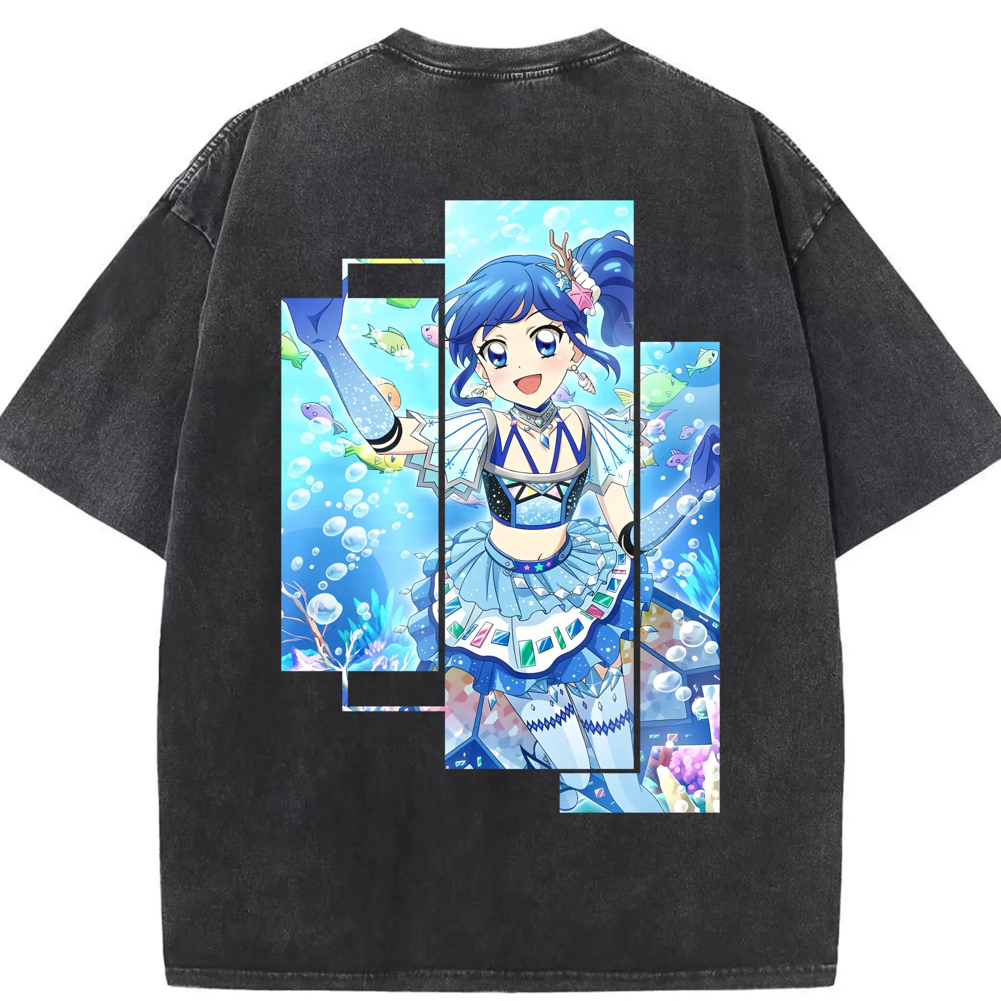 アイカツ グッズ 霧矢 あおい - 綿100％ ヴィンテージ風 半袖Tシャツ ・ 背面プリント ・ 柔らか肌触り ・ 通気性 快適 ・ スポーツ カジュアル 外出用